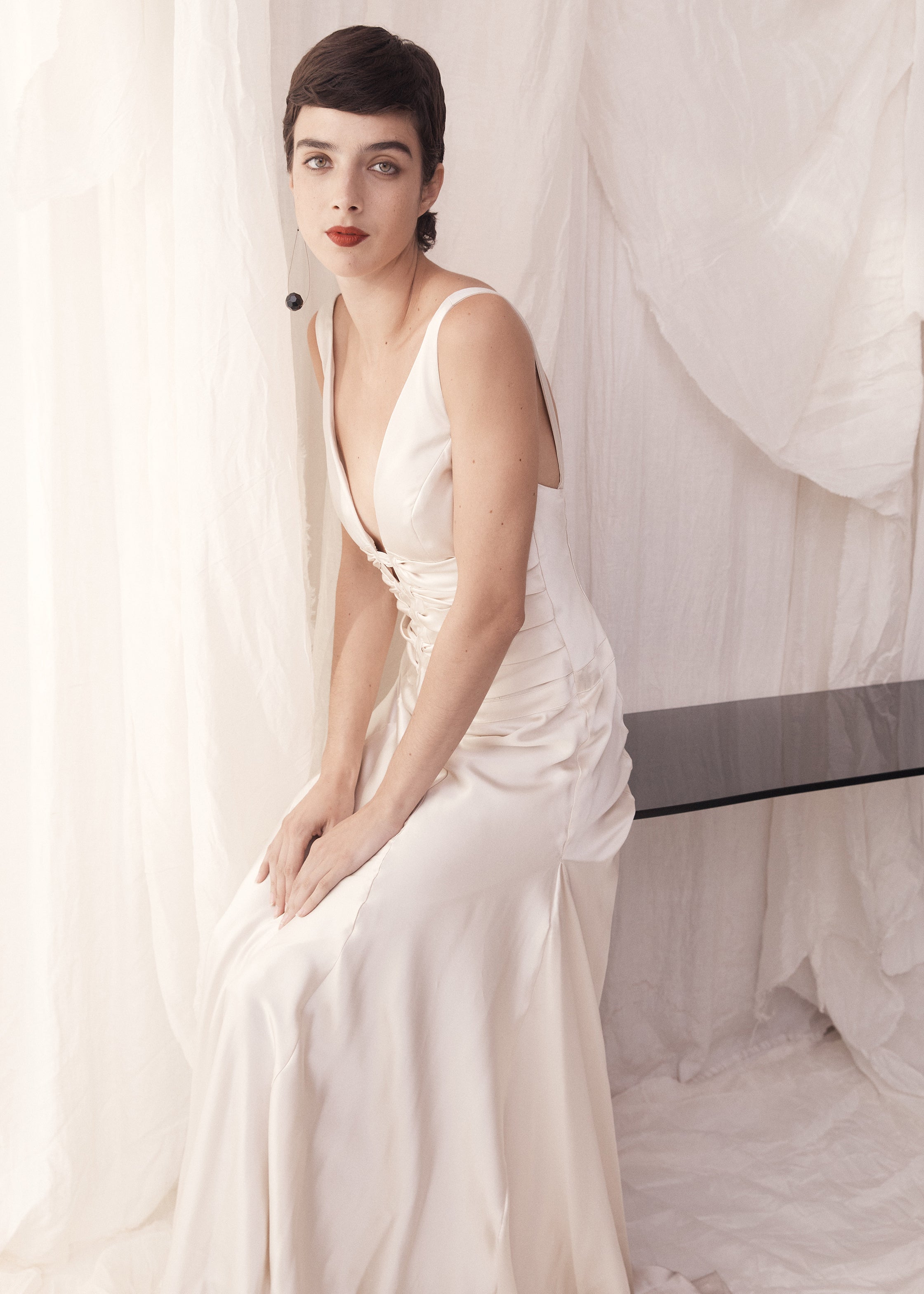 90s Oyster Liquid Silk Plunge Neck Gown w/ 'Ribcage' Ribbons & Train