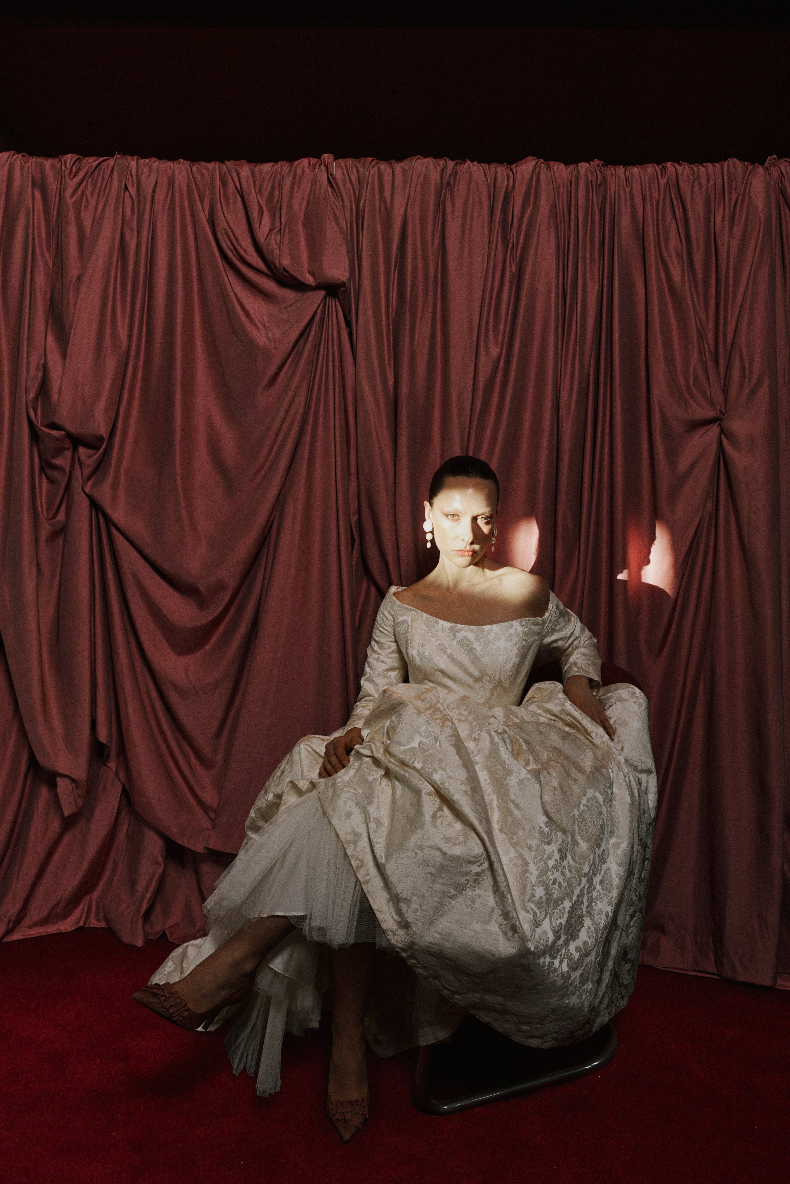 1996 Custom Mariana Hardwick Renaissance Bride Off Shoulder Jacquard Courtier Gown