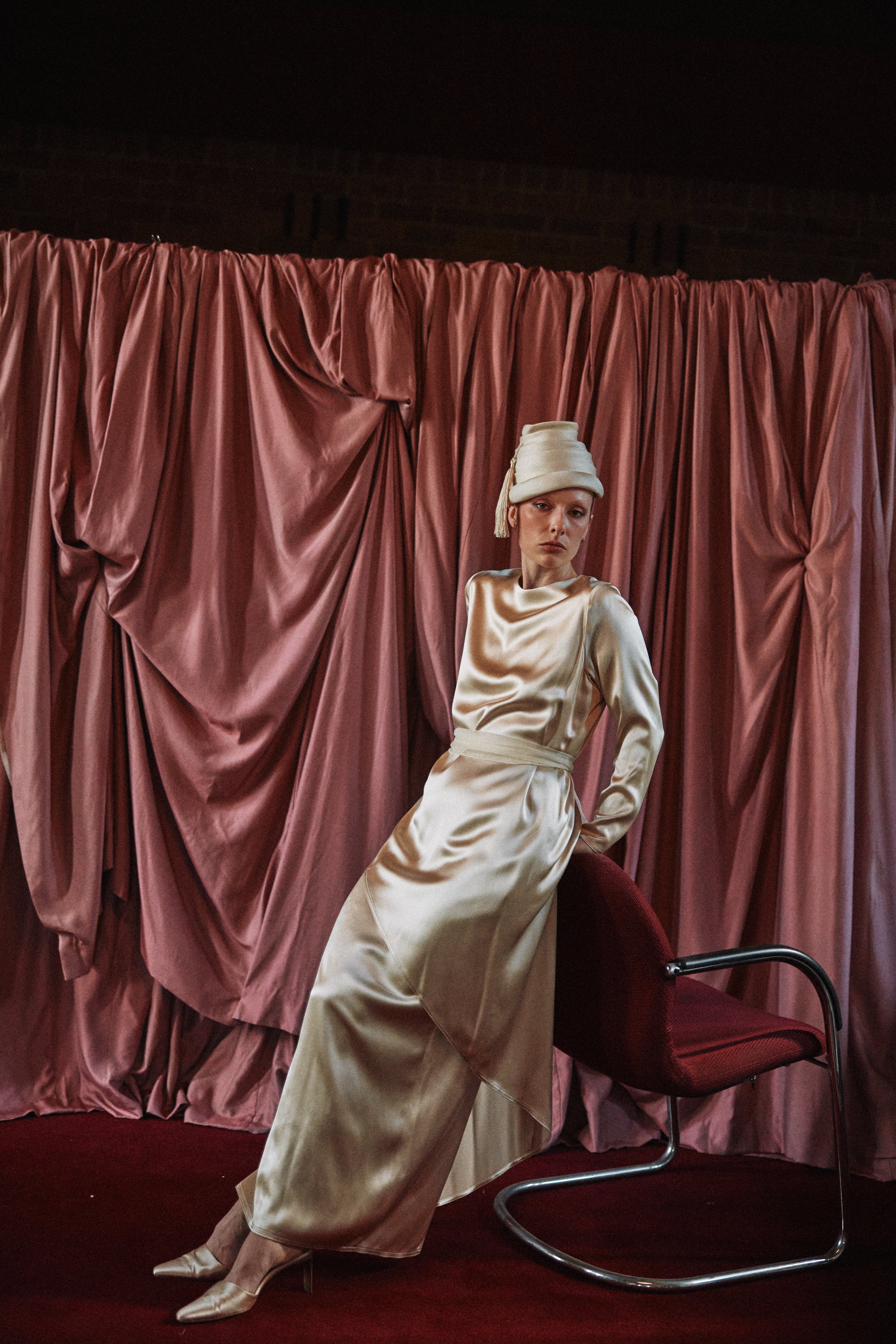 Abstract 80s Silk Satin Double Layer Sheath Gown
