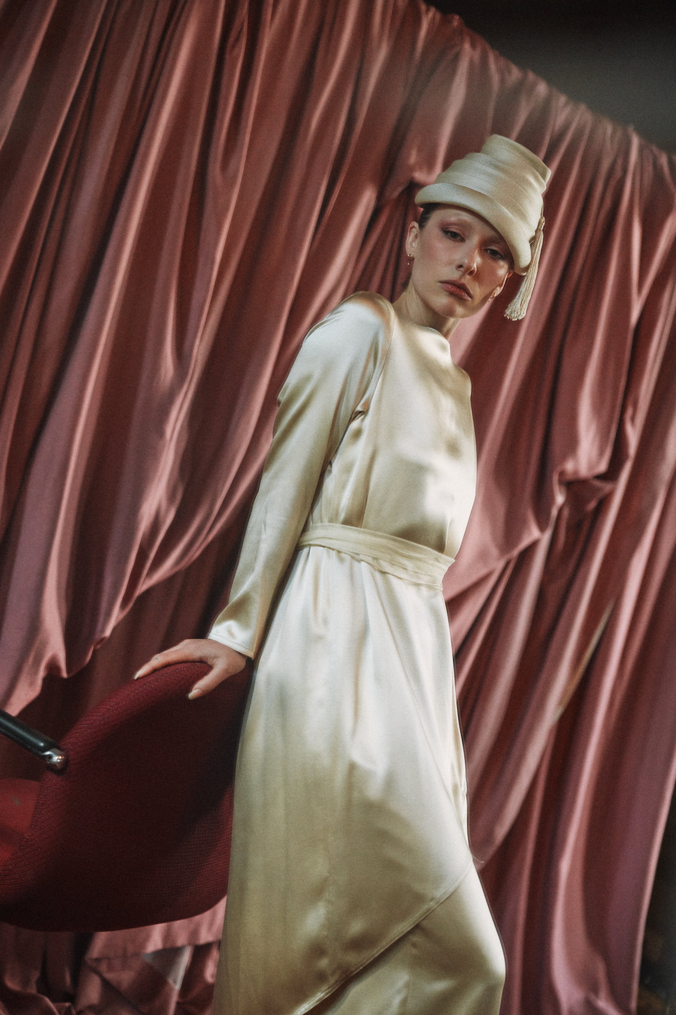 Abstract 80s Silk Satin Double Layer Sheath Gown