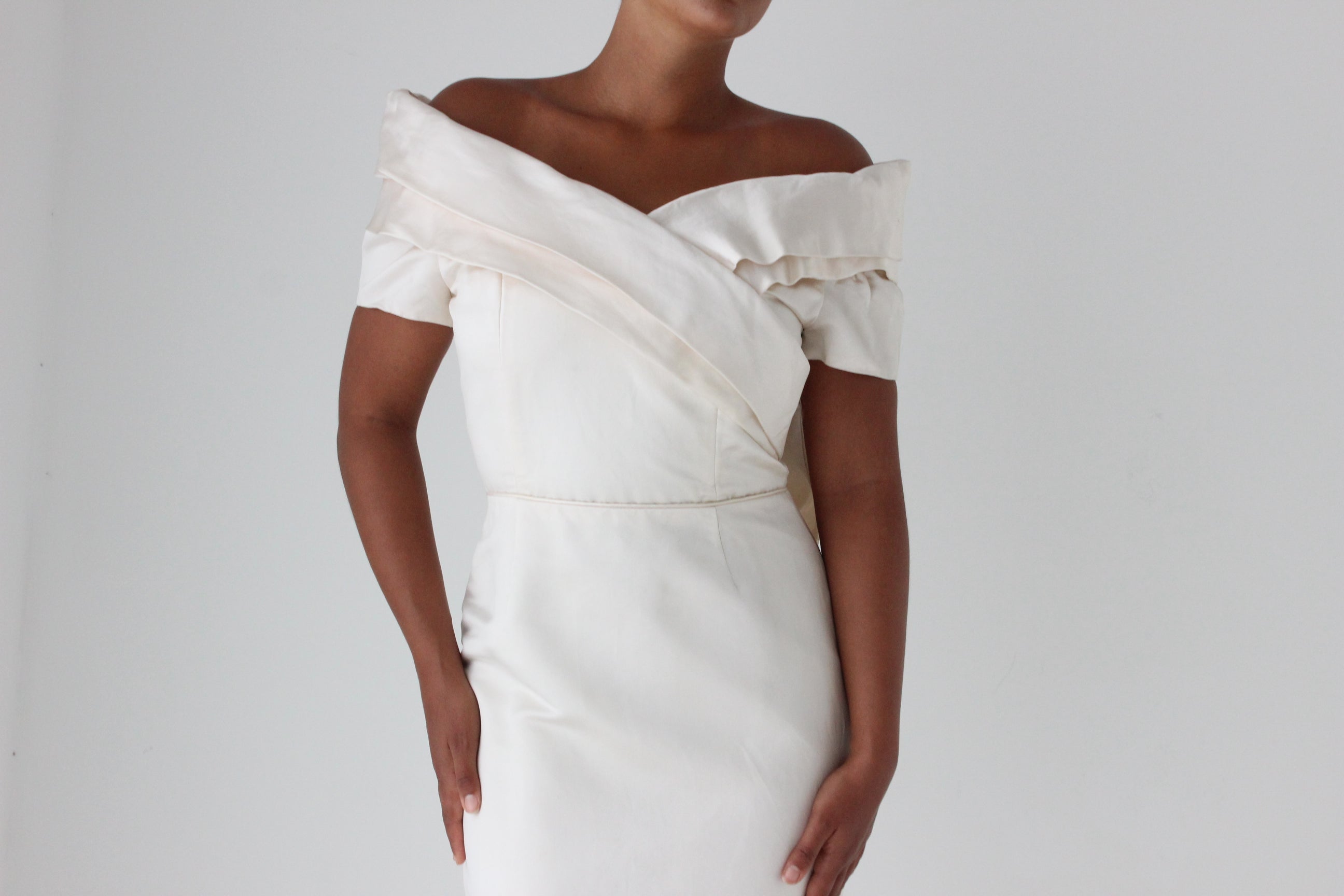 1990s Duchess Silk Off Shoulder Hourglass Gown w/ Back Bow + Detachable Train