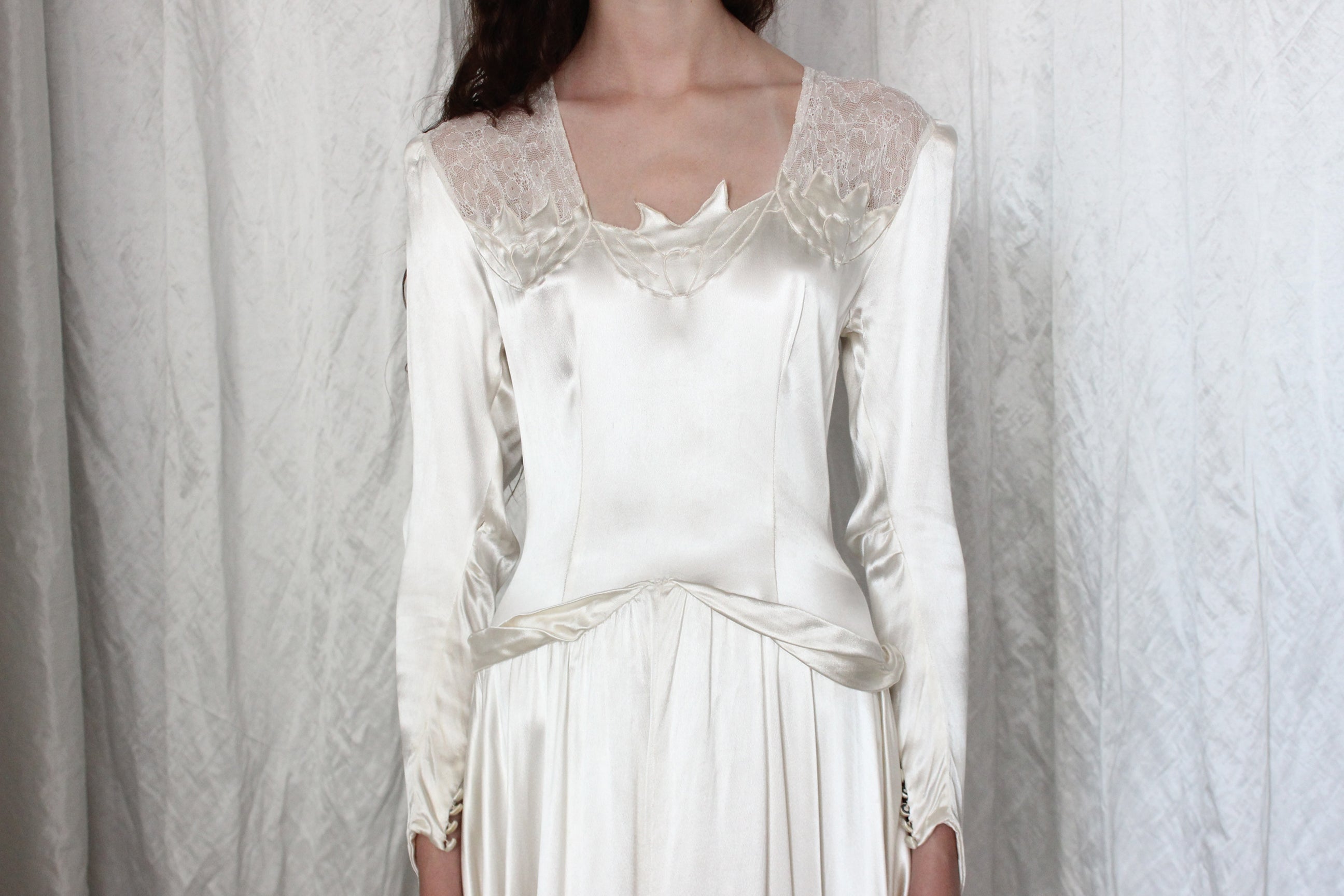 1949 Liquid Silk Satin Drop Waist Long Sleeve Vintage Wedding Gown