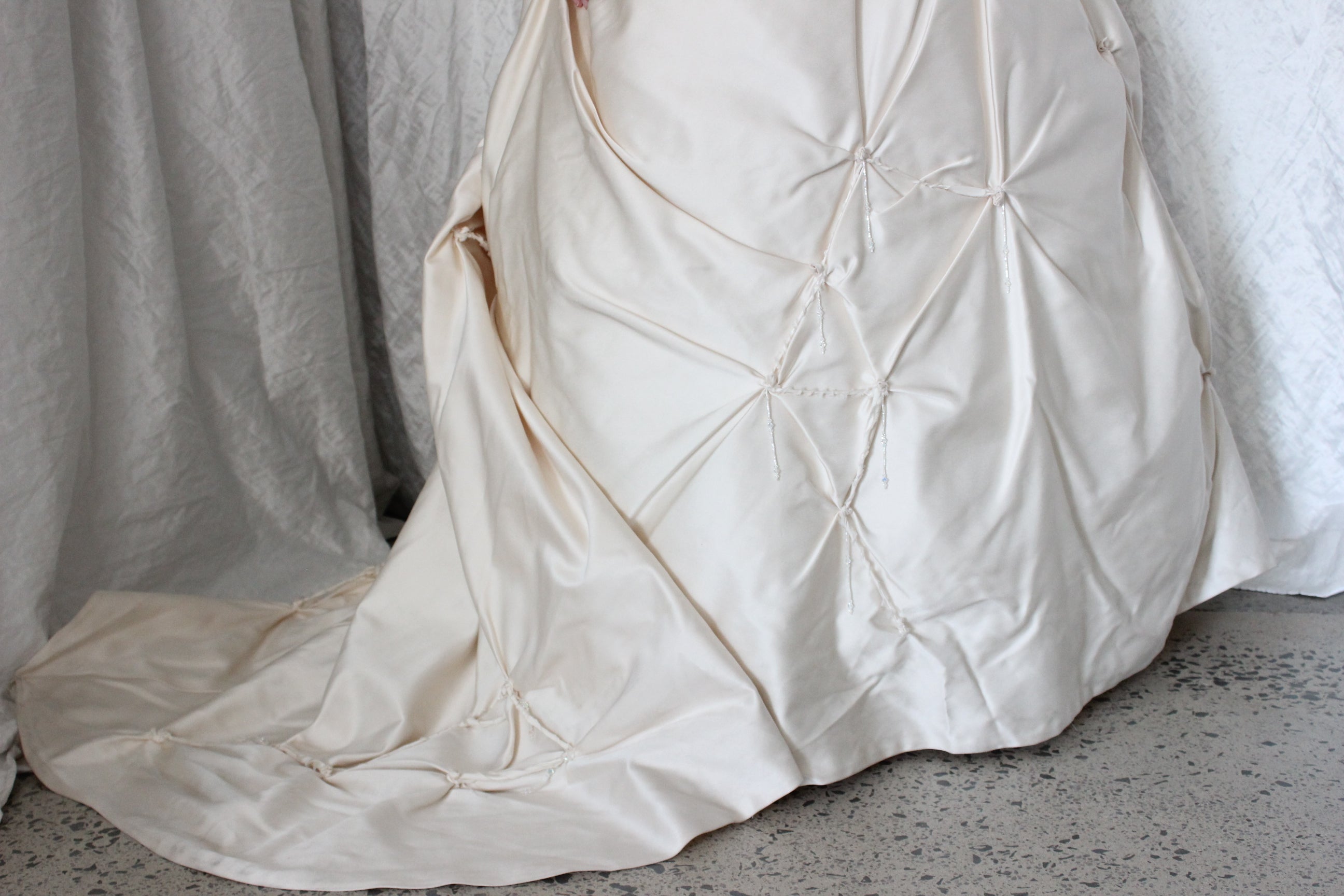Wild 2000s Duchess Silk Asymmetric Textural Wedding Gown w/ Knots & Beading