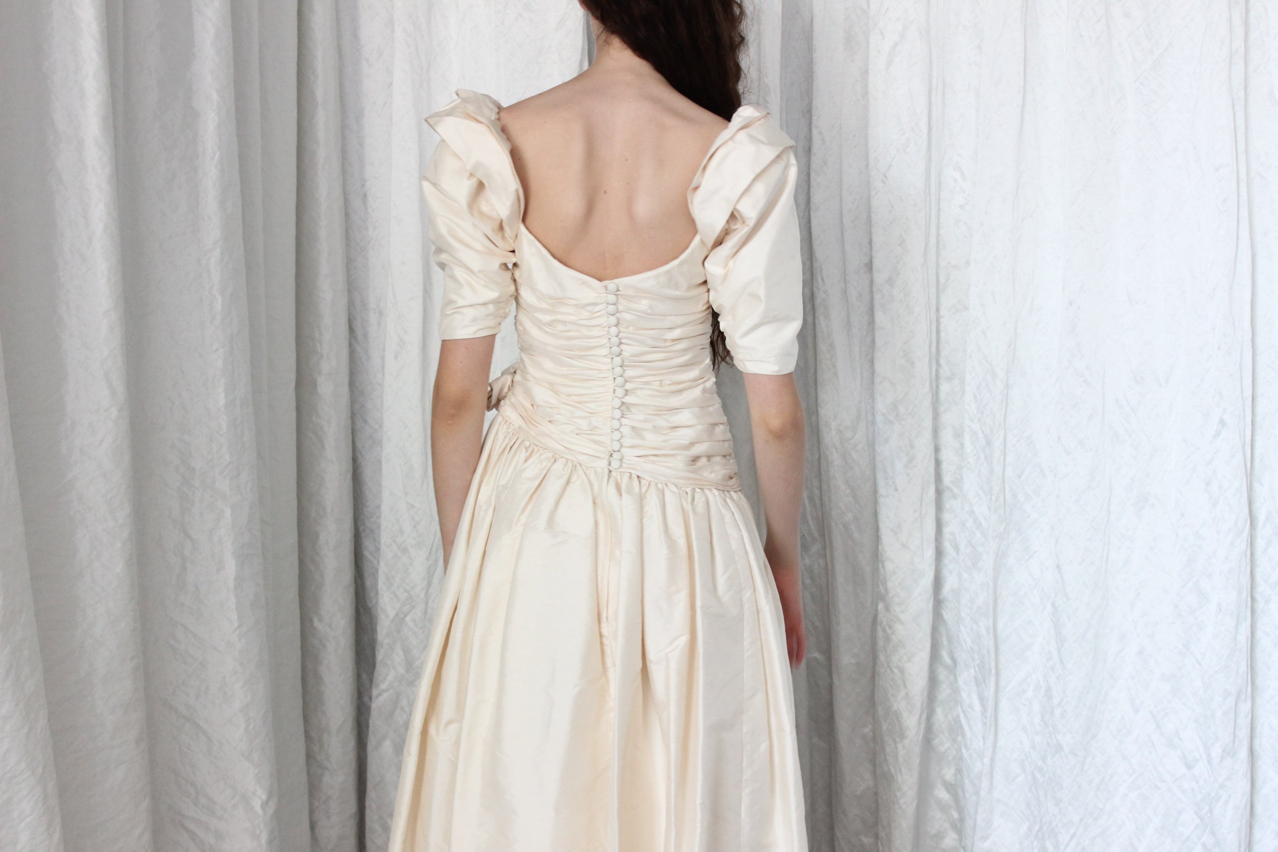 80s Raw Silk Taffeta Gathered Puff Sleeve, Drop Waist Wedding Dress
