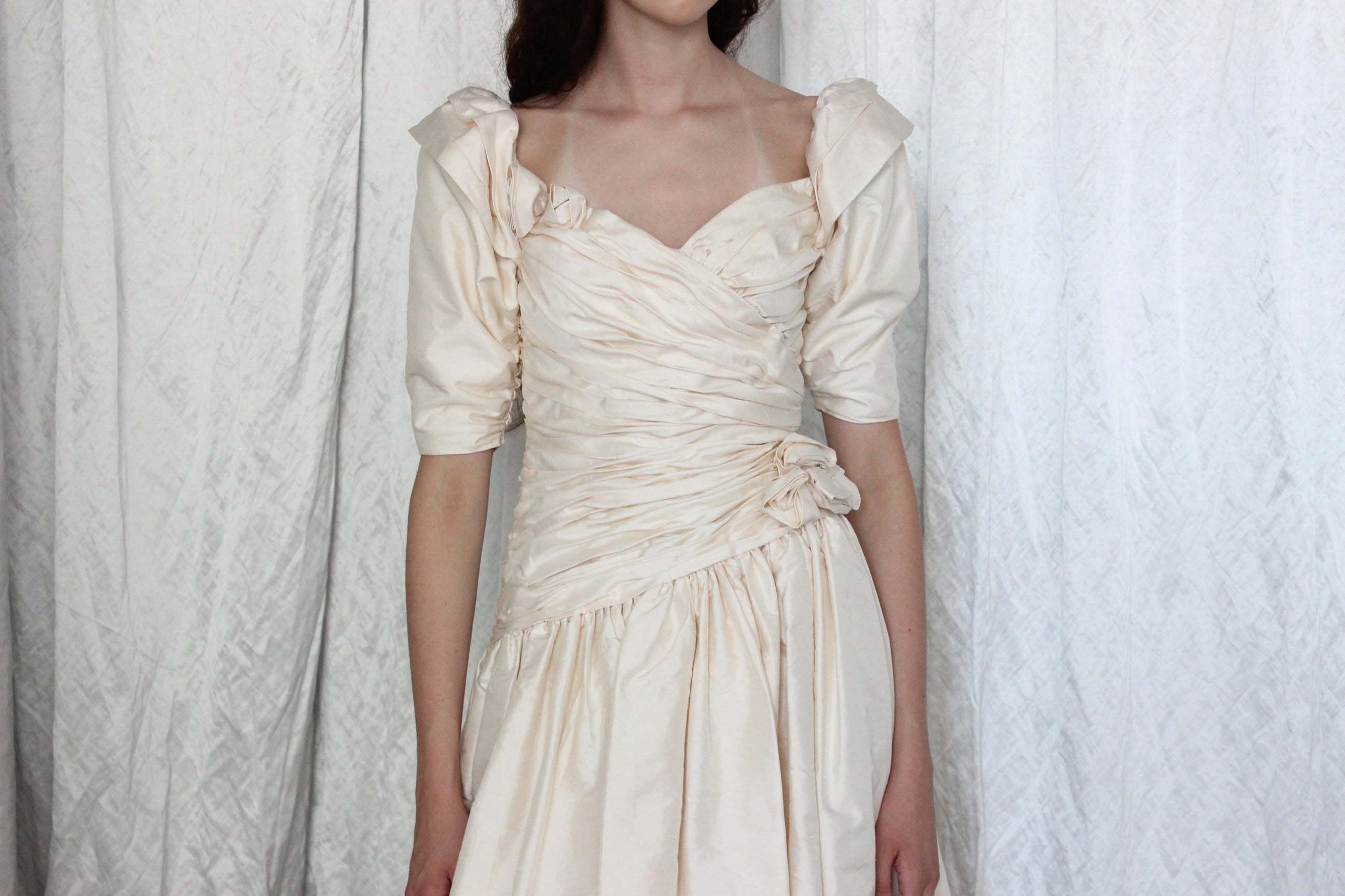 80s Raw Silk Taffeta Gathered Puff Sleeve, Drop Waist Wedding Dress