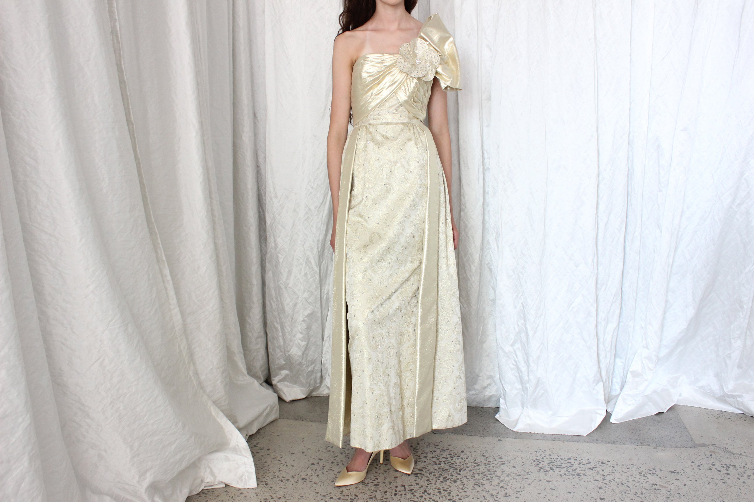 1980s Gold Hollywood Glamour Gown by Rose Taft Couture