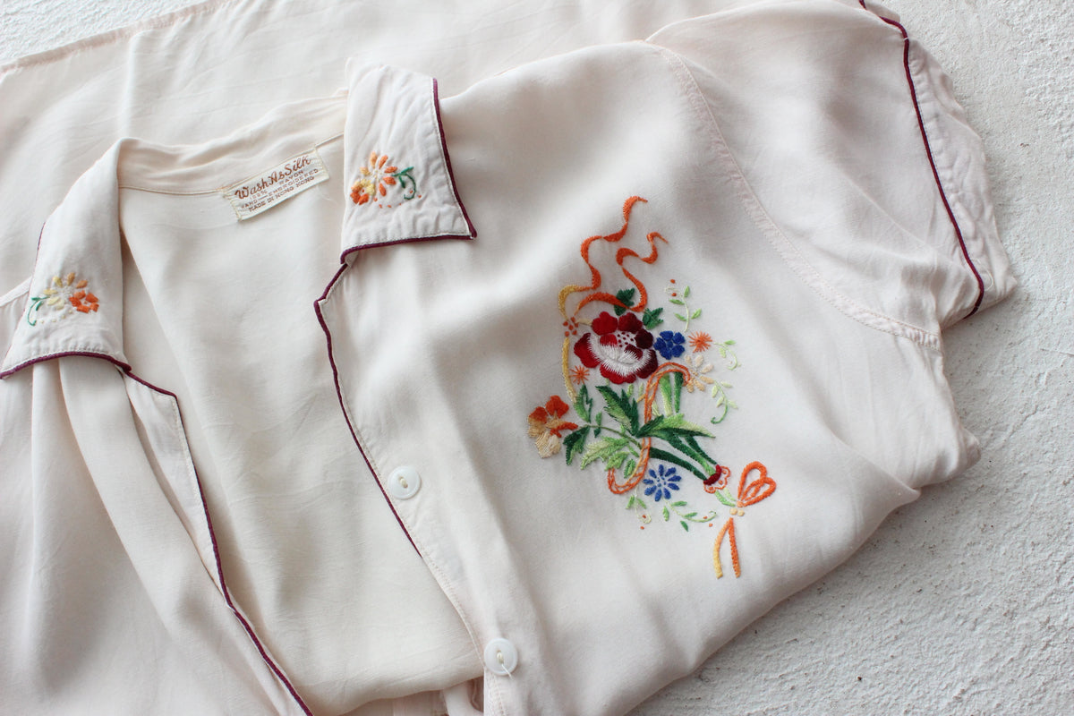 Rare 60s Pastel Rayon Pyjama Set w/ Embroidery