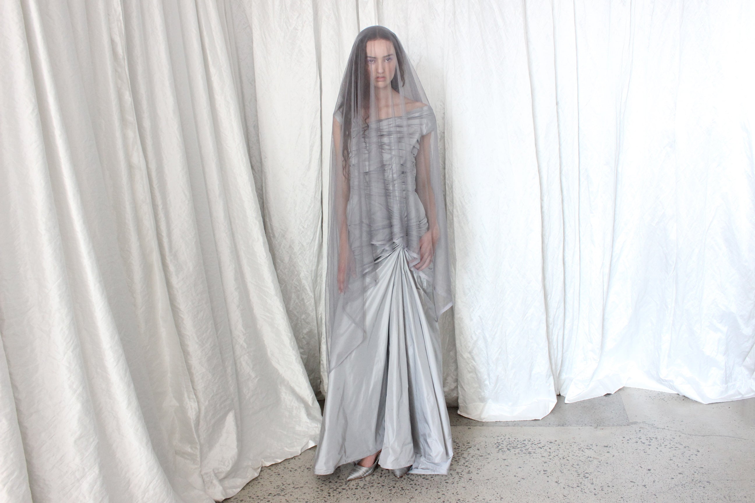 2000s TADASHI Silk Taffeta Ruched Mermaid Gown