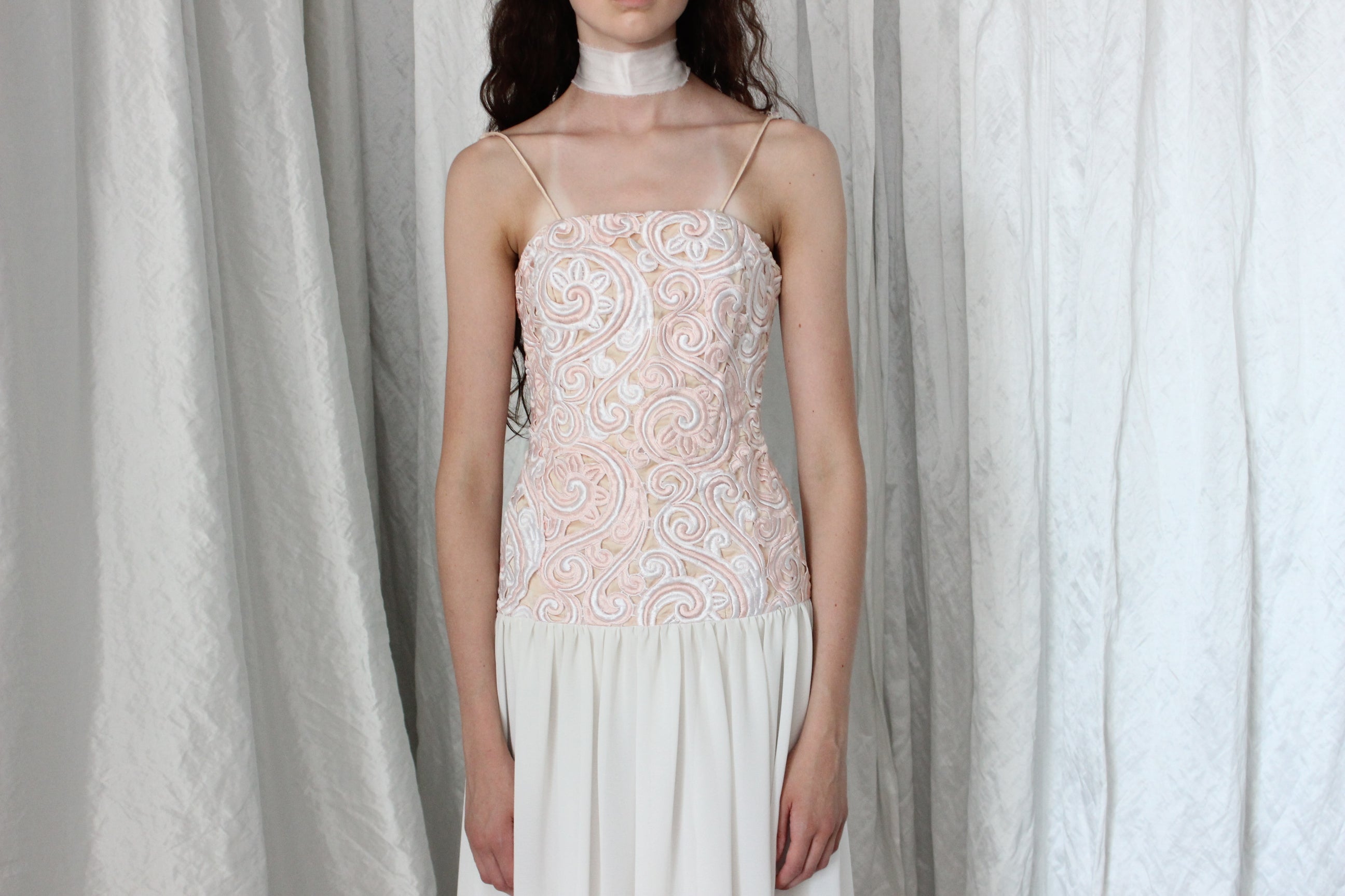 80s Silk & Cotton Cutwork Drop Waist Dress