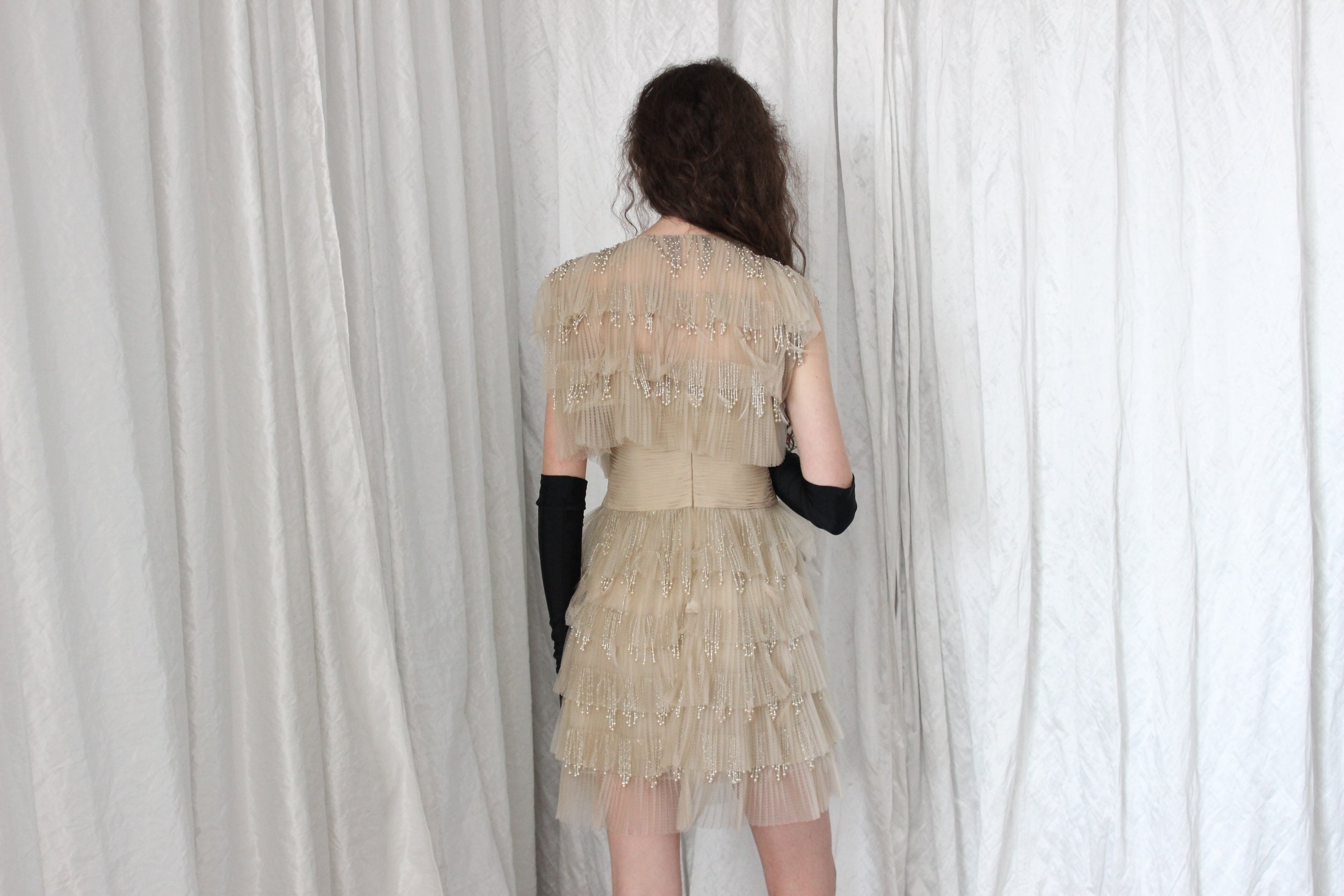 80s Plisse, Beaded, Feathered Showgirl Mini & Bolero Set
