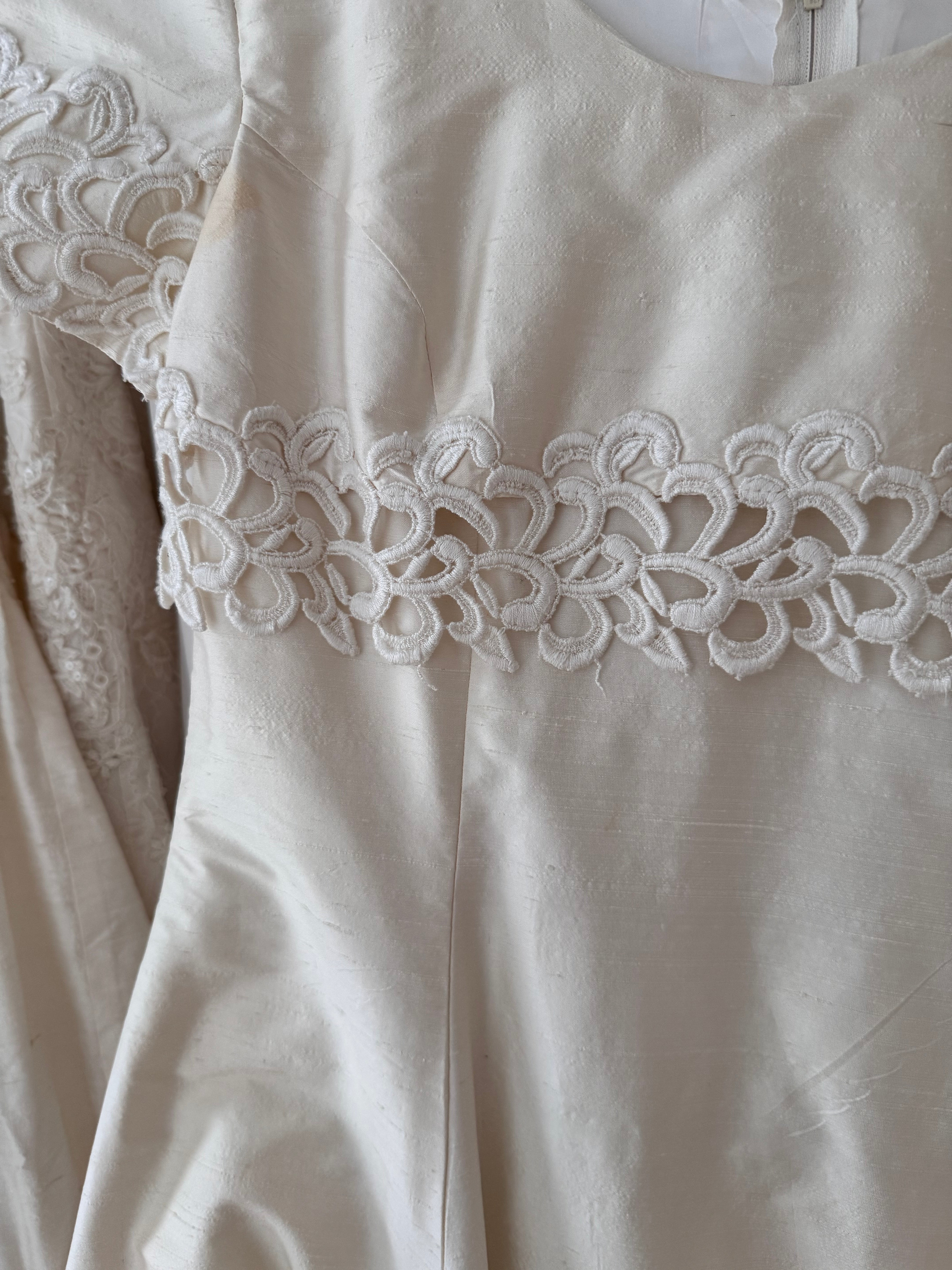 1980s Raw Silk Empire Waist Short Sleeve Wedding Gown w/ Train