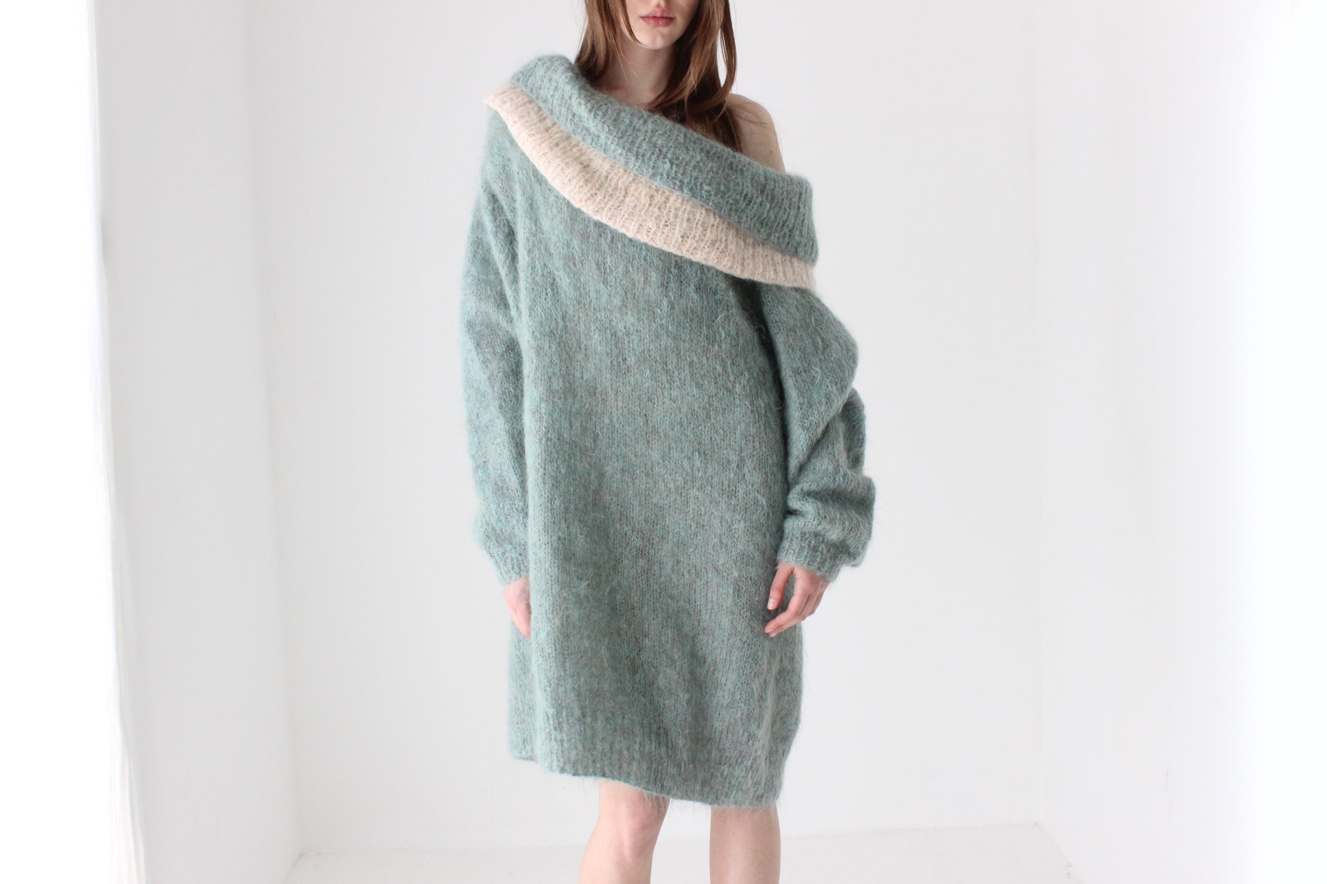 80s Sage Green Hand Knit Mohair Sweater Dress