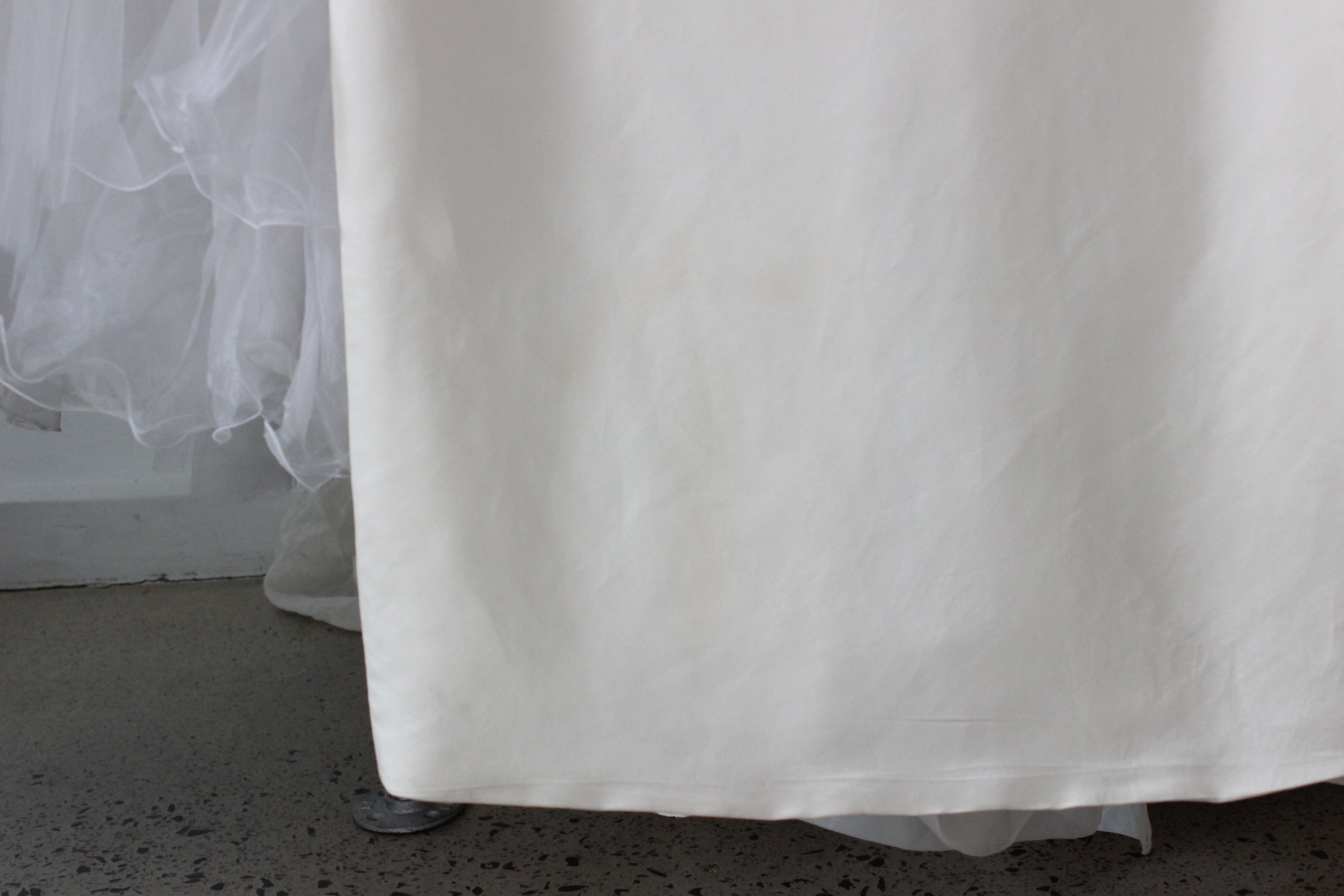 1990s Duchess Silk Off Shoulder Hourglass Gown w/ Back Bow + Detachable Train
