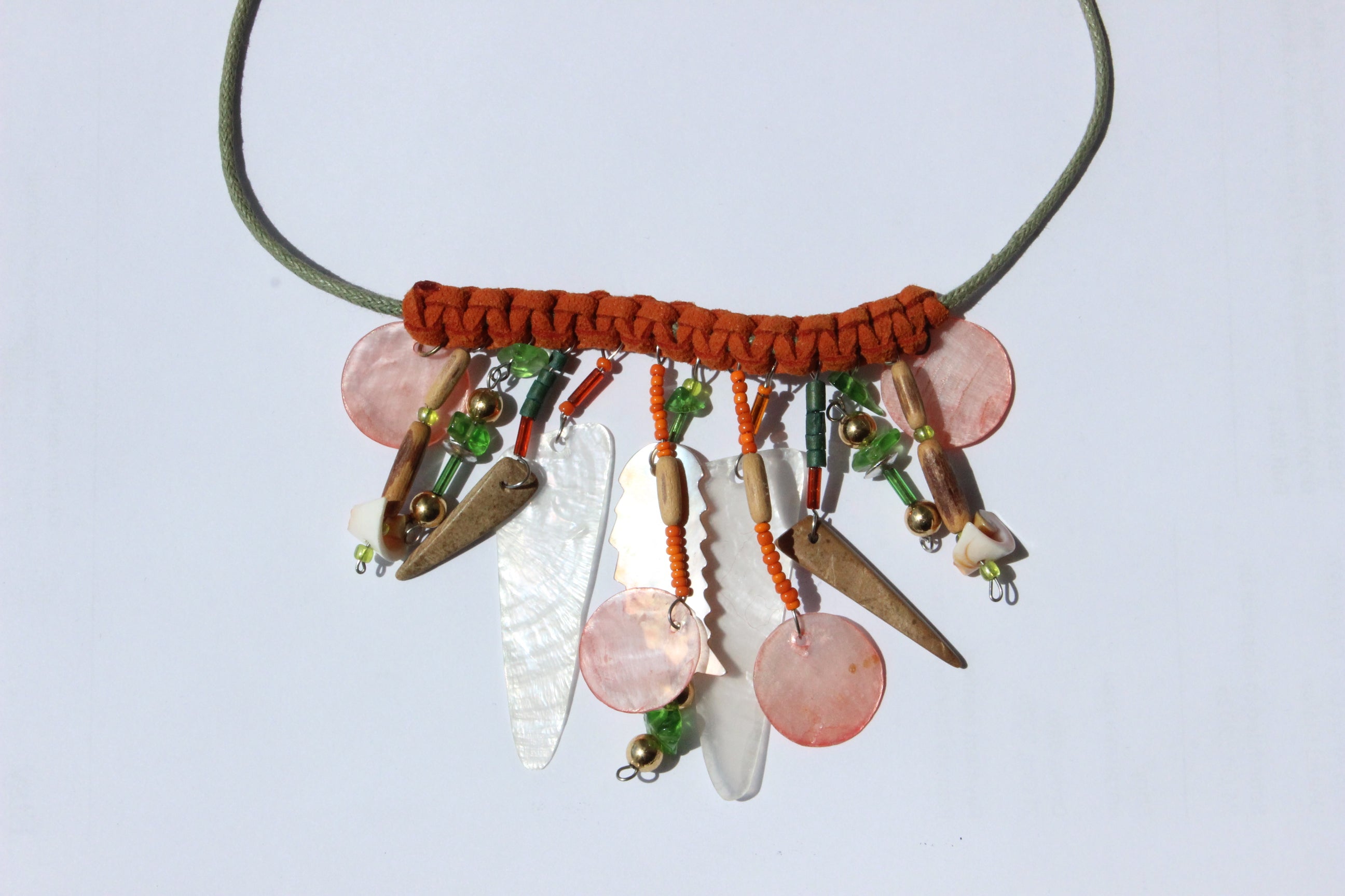 FRENCH COLLECTION 90s Handmade Shell & Bead Suede Woven Choker / Necklace