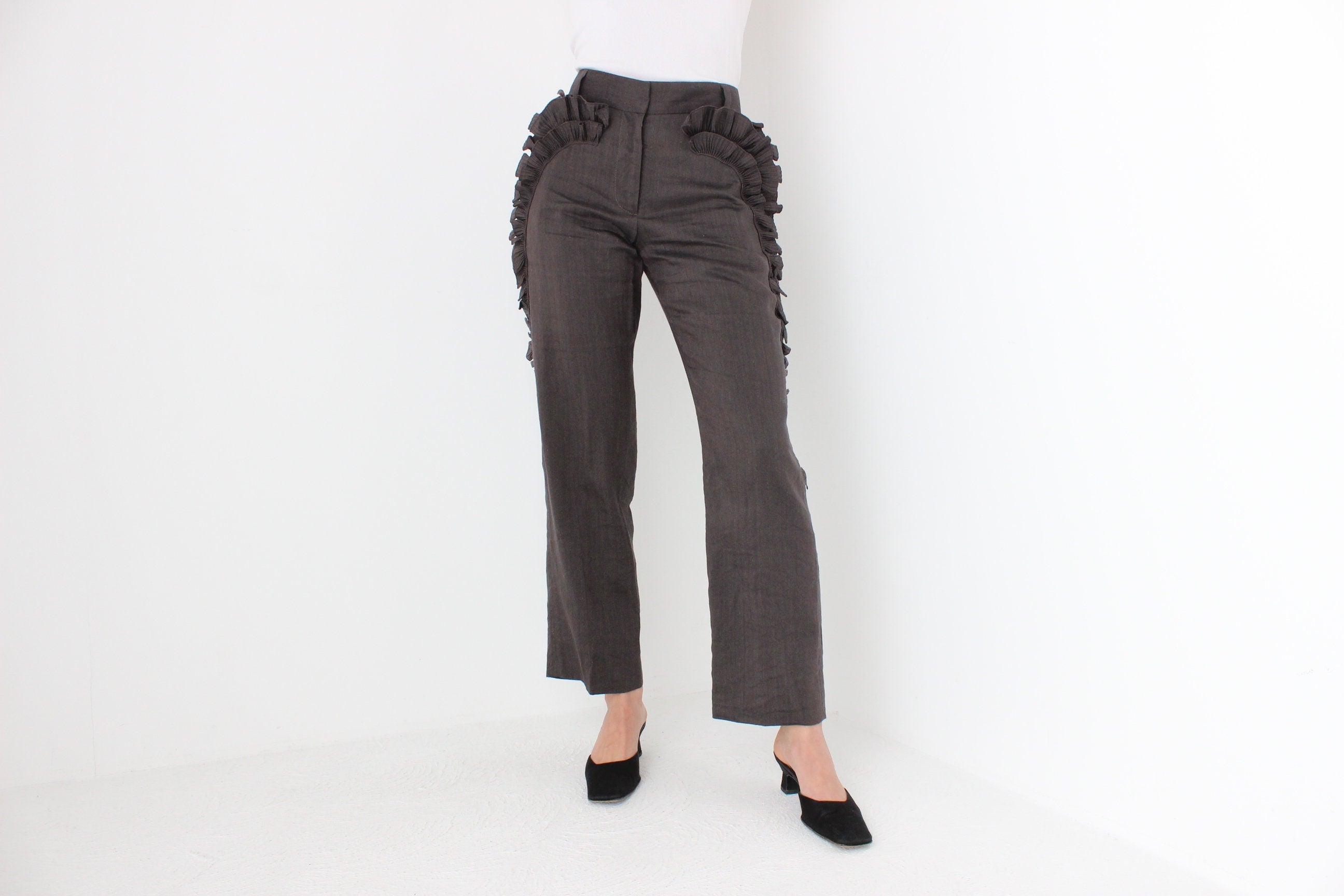 Y2K Marc Jacobs 3D Sculptural Ruffle Linen Cotton Trousers