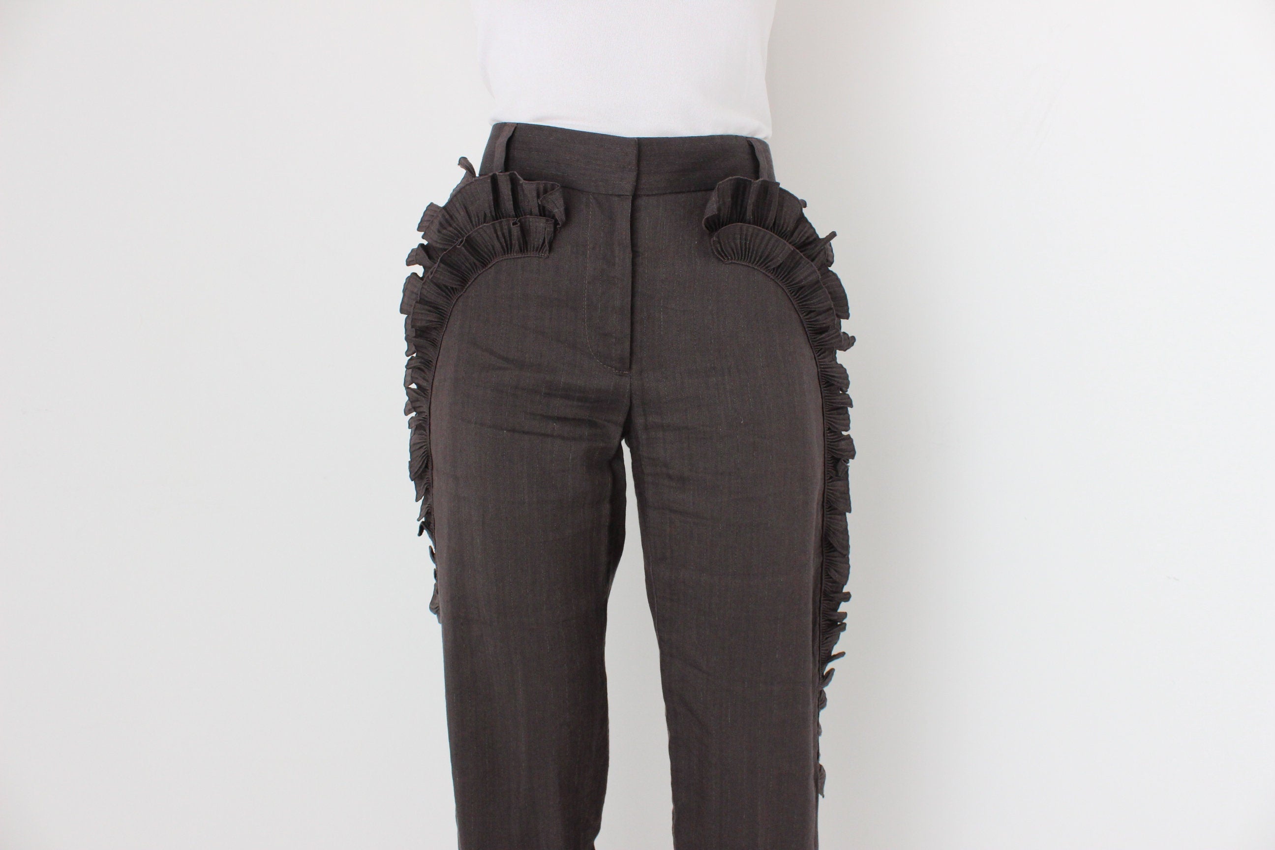 Y2K Marc Jacobs 3D Sculptural Ruffle Linen Cotton Trousers