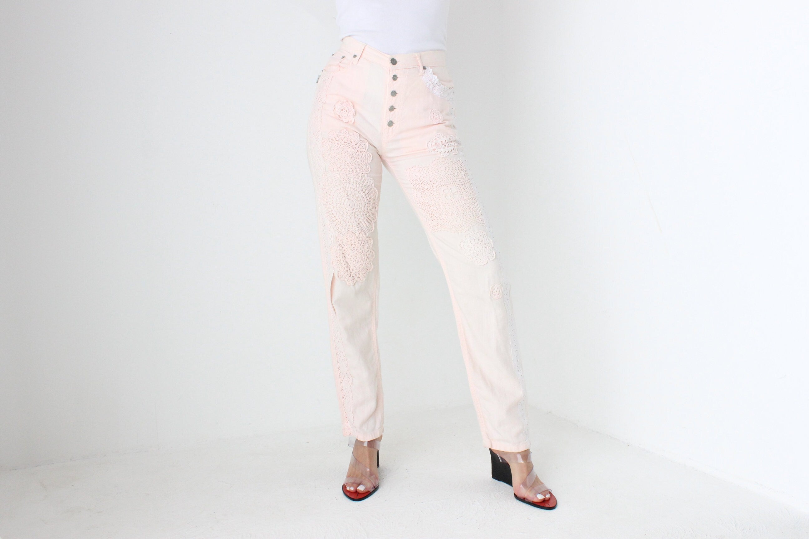 FUTURISM 90s JAG Pink Linen Jeans w/ Crochet Doily Detailing