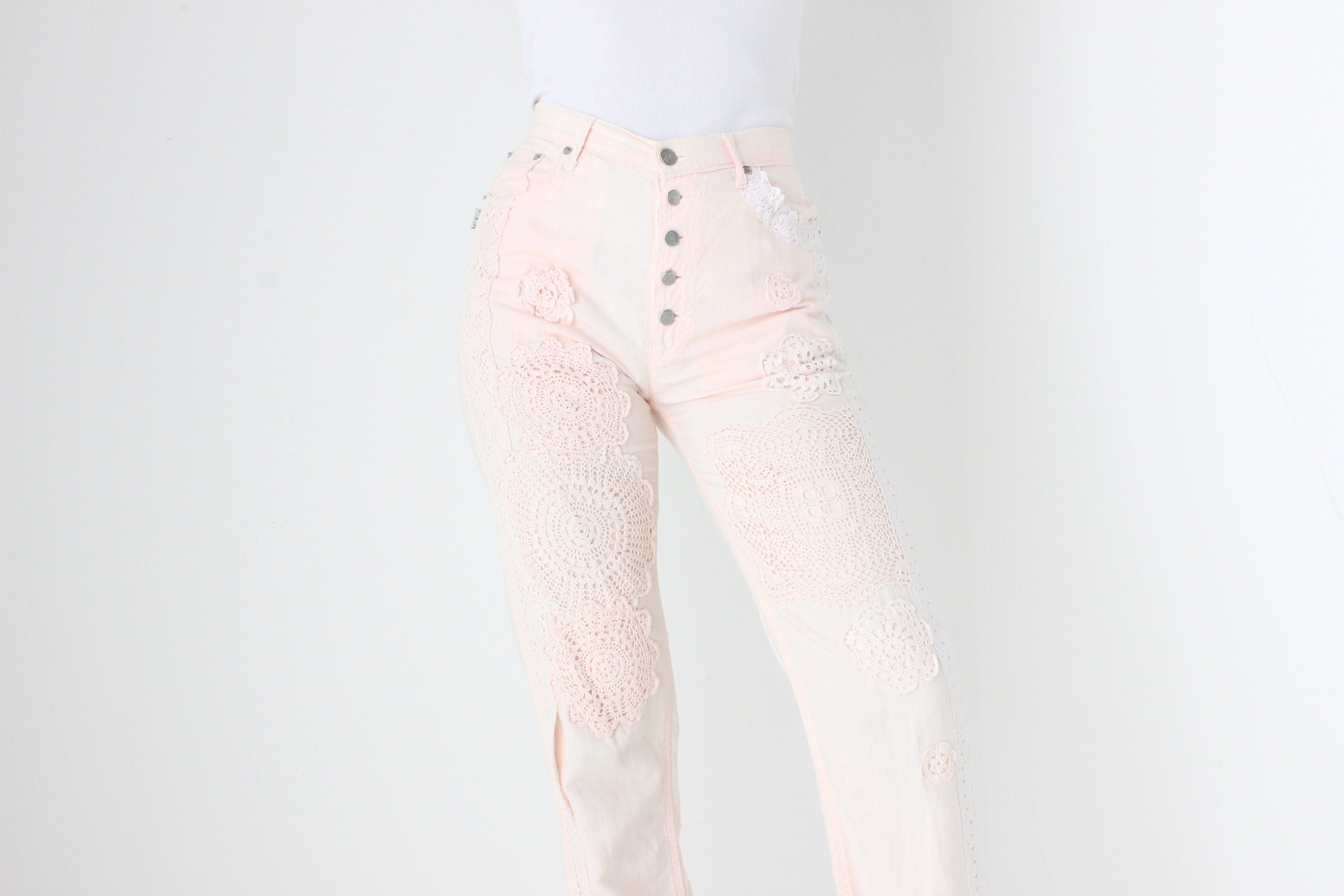 FUTURISM 90s JAG Pink Linen Jeans w/ Crochet Doily Detailing