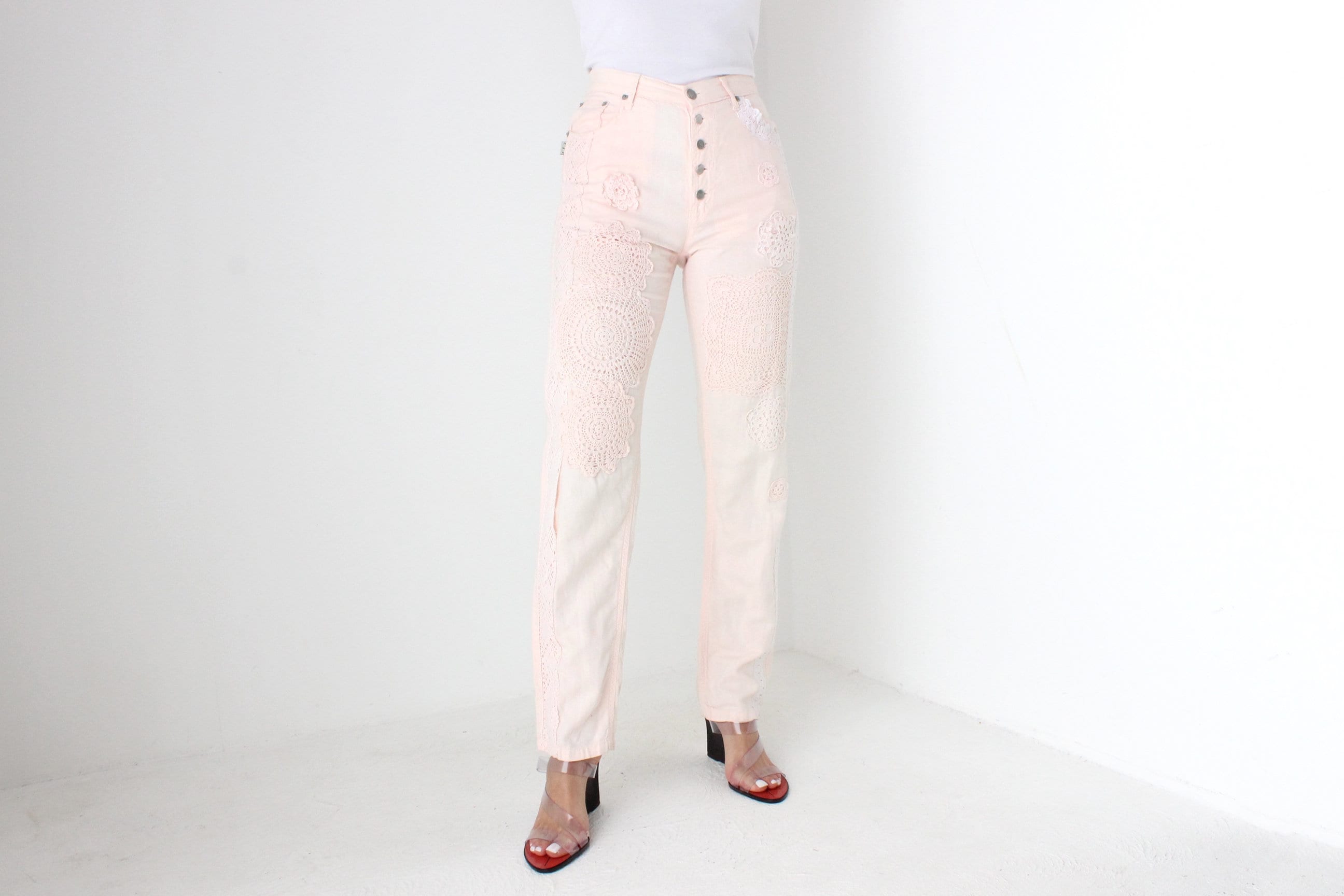 FUTURISM 90s JAG Pink Linen Jeans w/ Crochet Doily Detailing