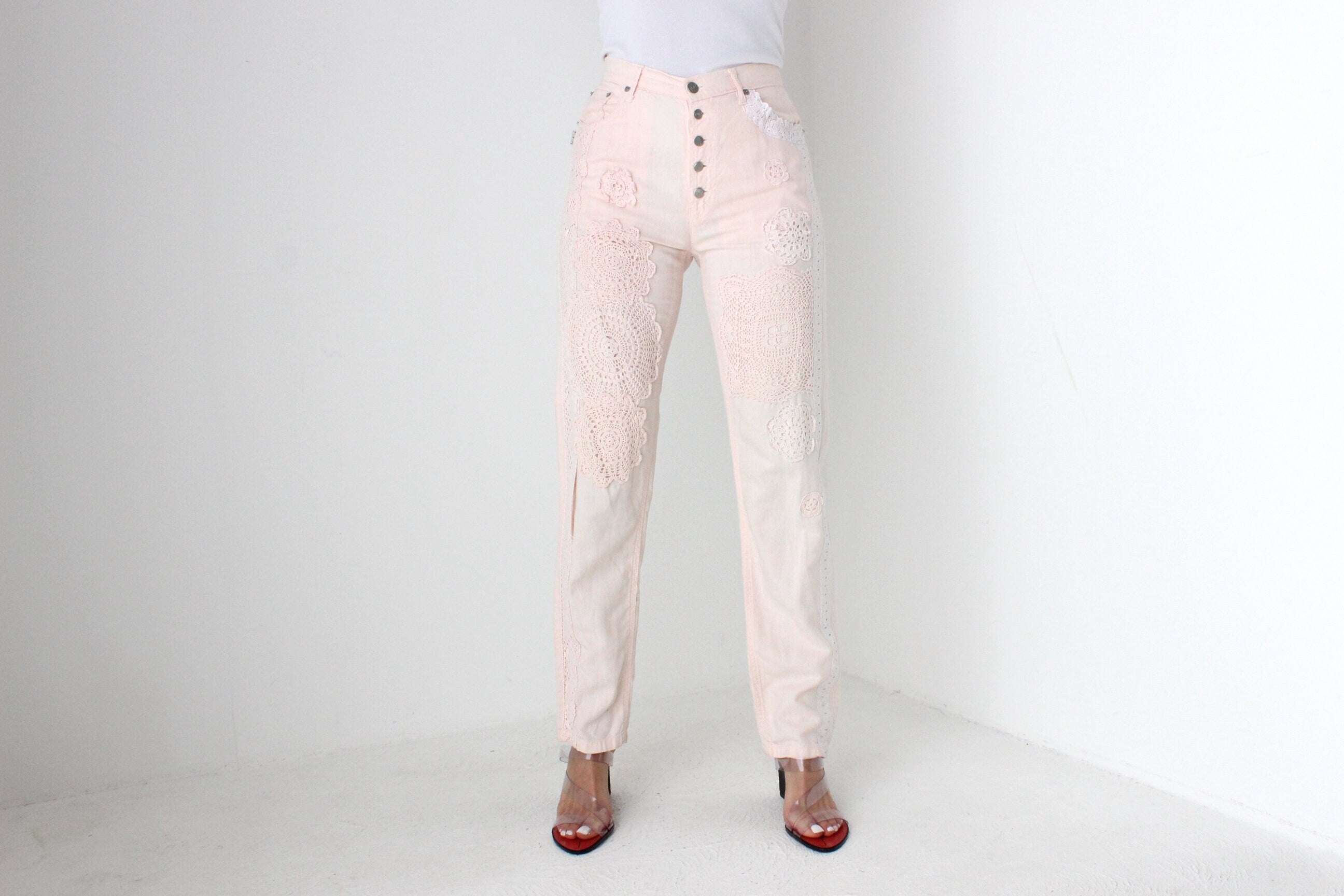FUTURISM 90s JAG Pink Linen Jeans w/ Crochet Doily Detailing