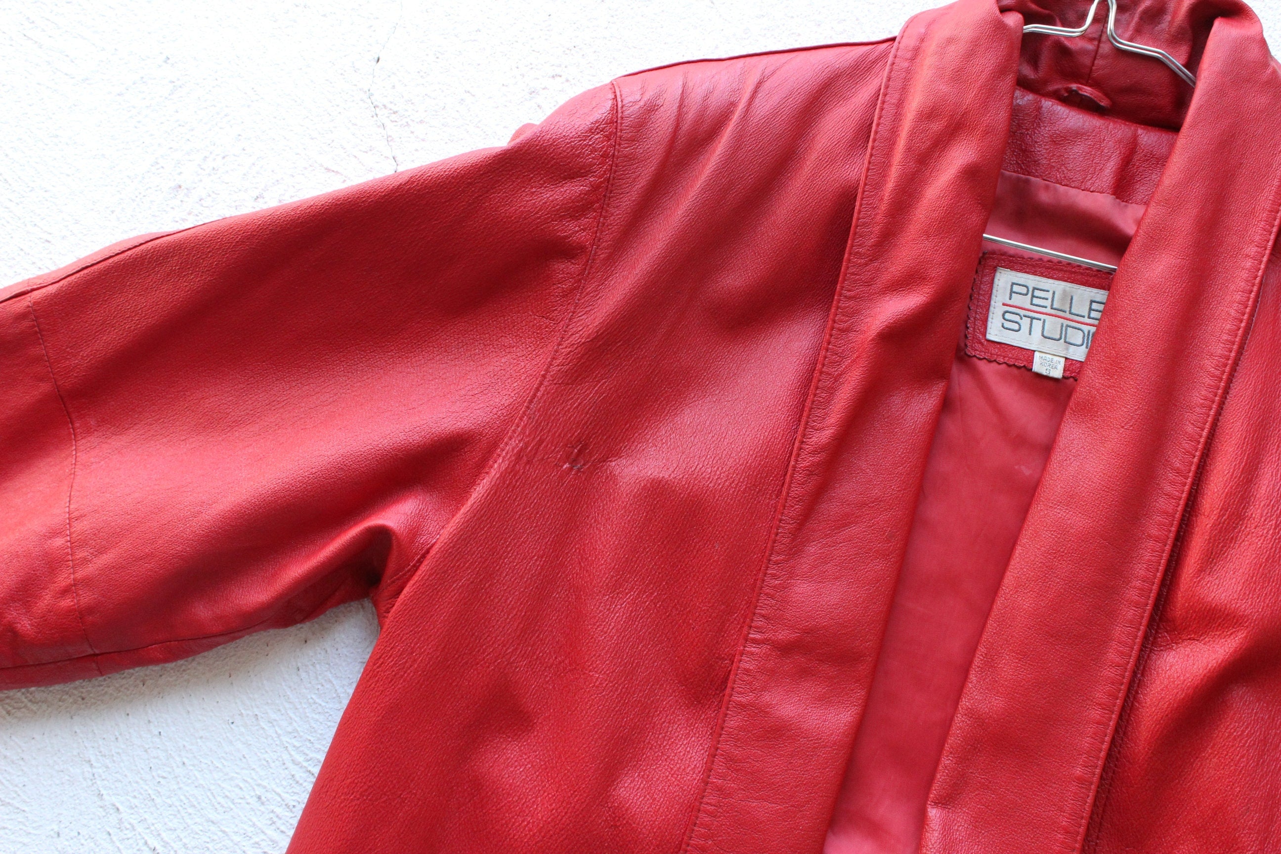 80s Red Leather Belted Swing Coat