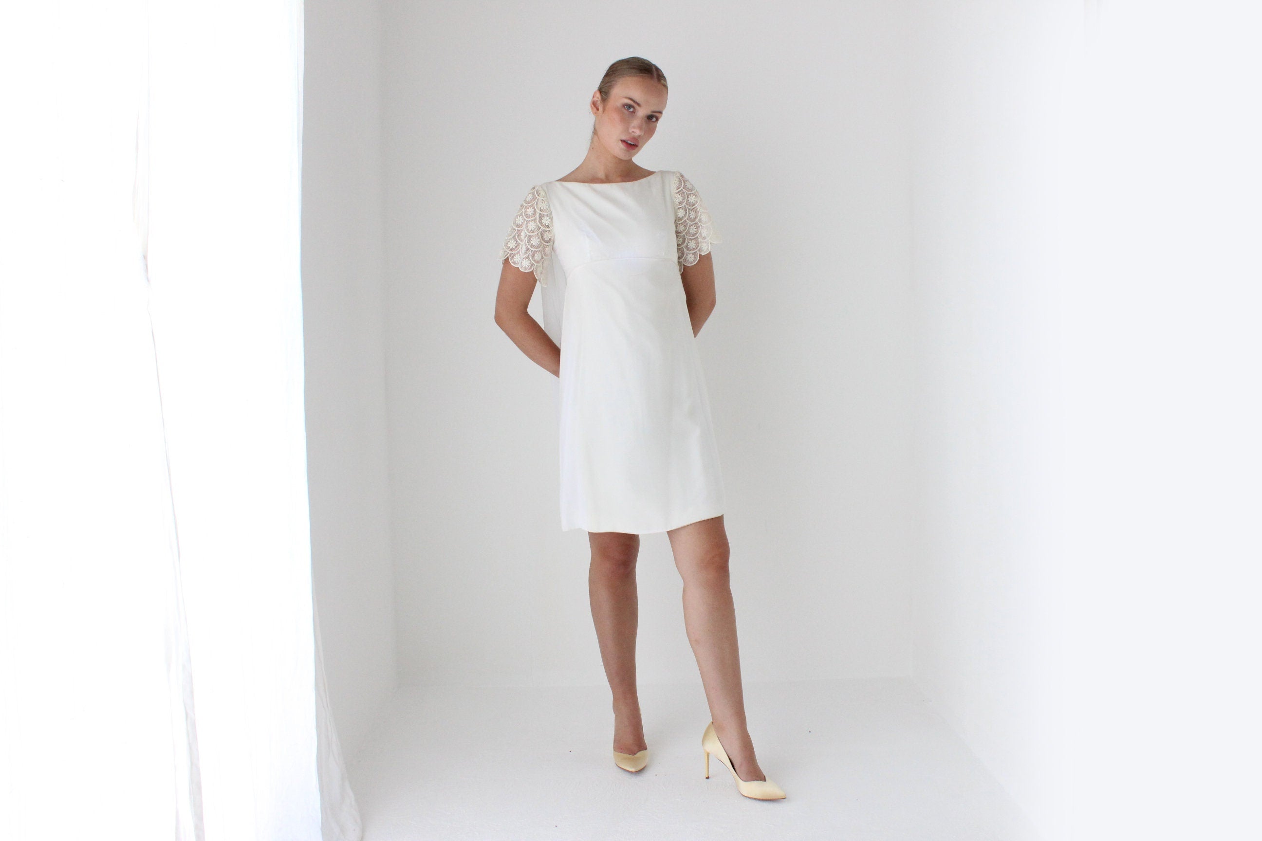 1960s Ivory Crepe Mini w/ Crochet Sleeve & Cape Detail