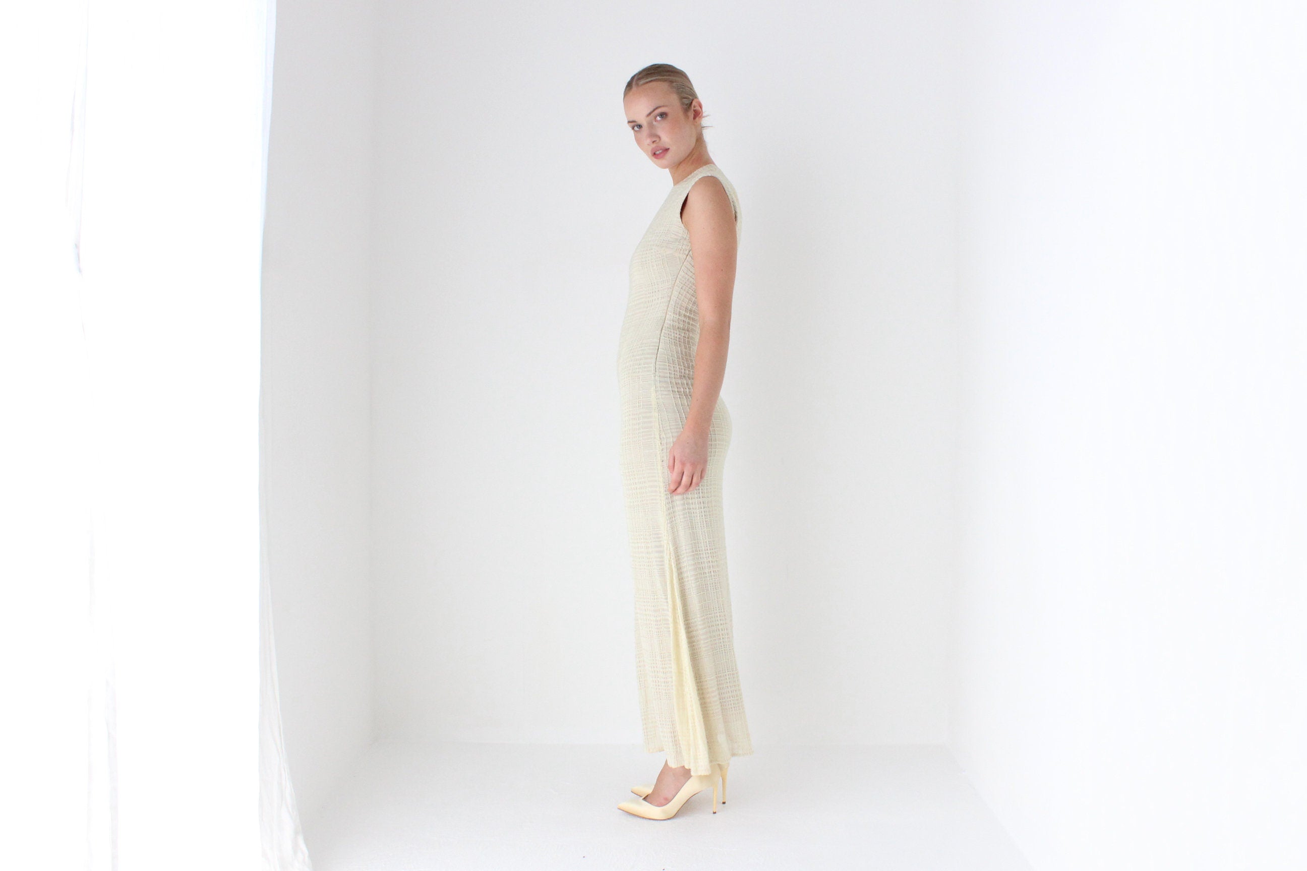 1990s Neutral Beaded Heavy Knit Designer Gown