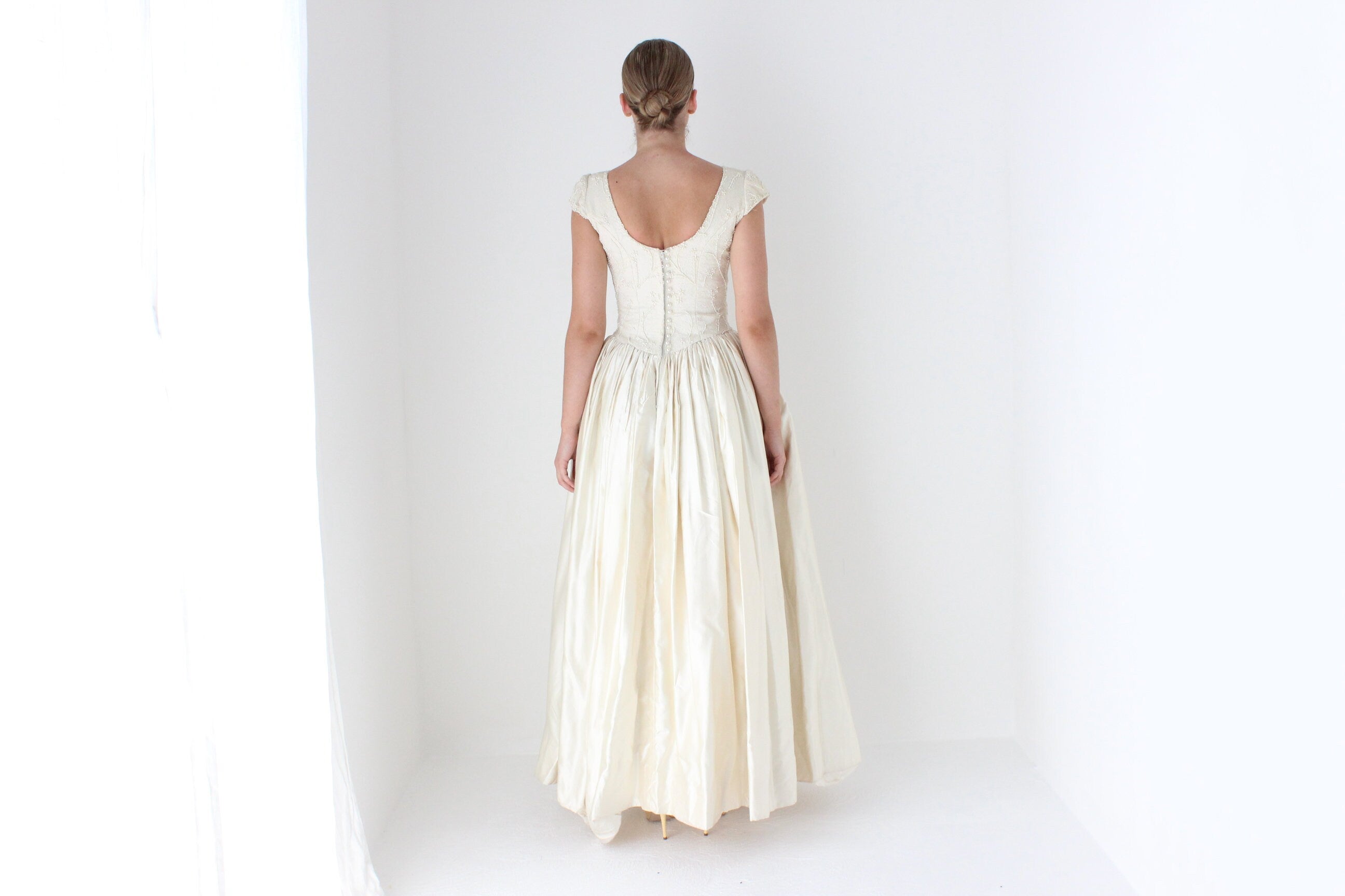 1990s Bespoke Romantic Pearl Bodice & Silk Satin Wedding Gown