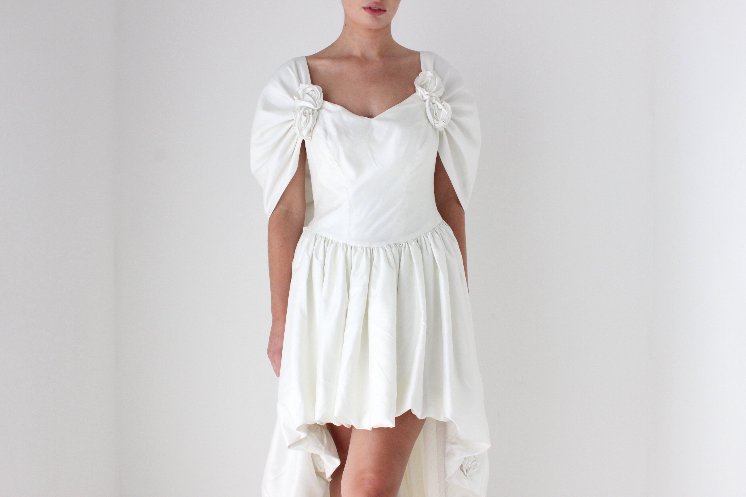 Fab 1980s Ivory Bubble Puff Wedding Gown w/ Rosettes