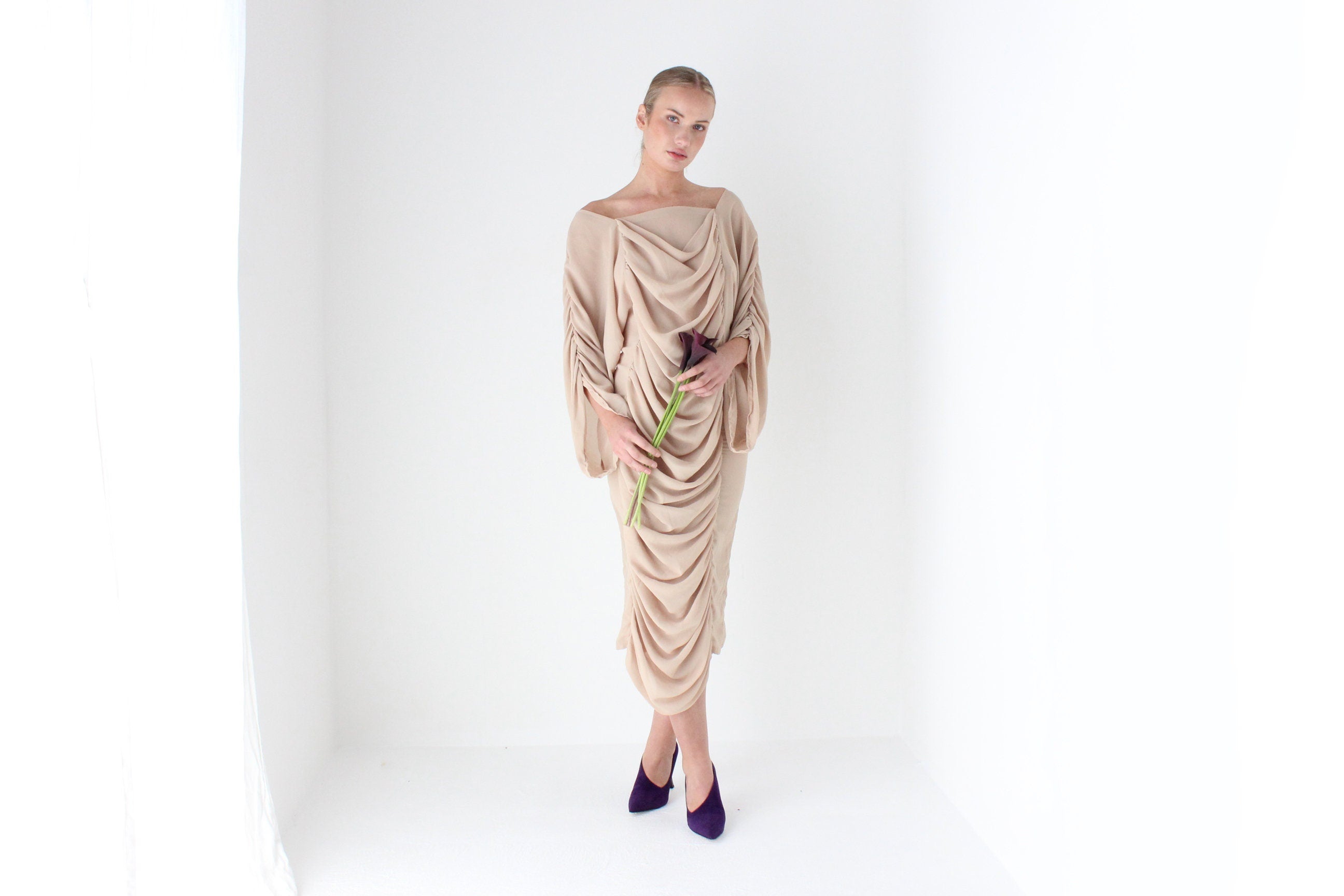 Outrageous 1980s Ruched Textured Batwing Dress