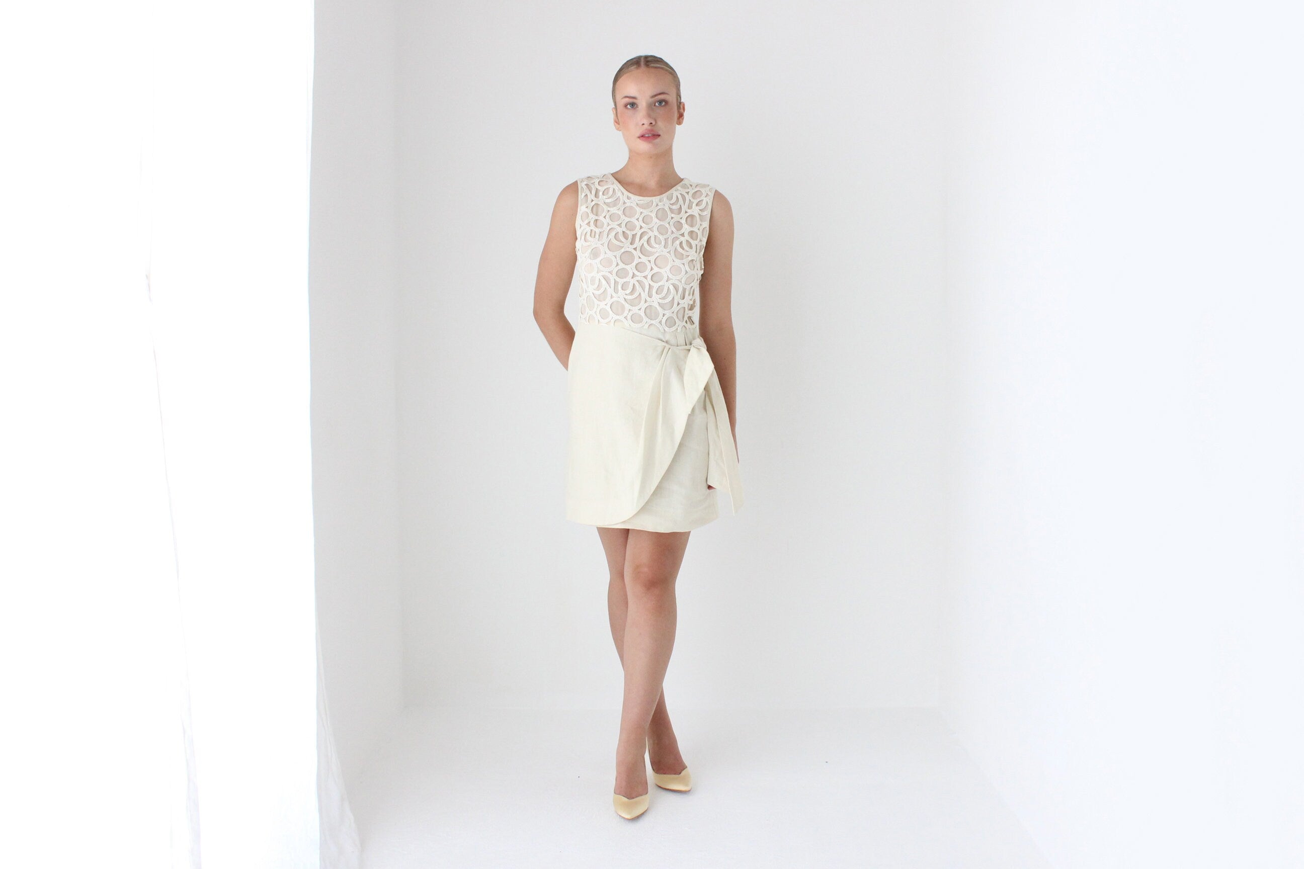 2000s Lela Rose Cream Linen 'Wrap' Dress