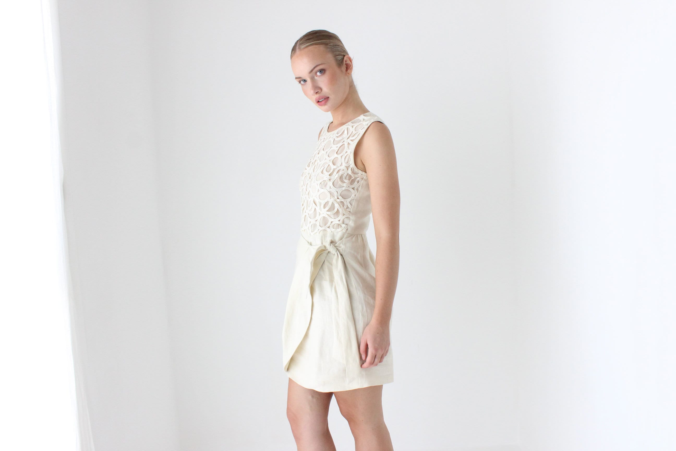 2000s Lela Rose Cream Linen 'Wrap' Dress