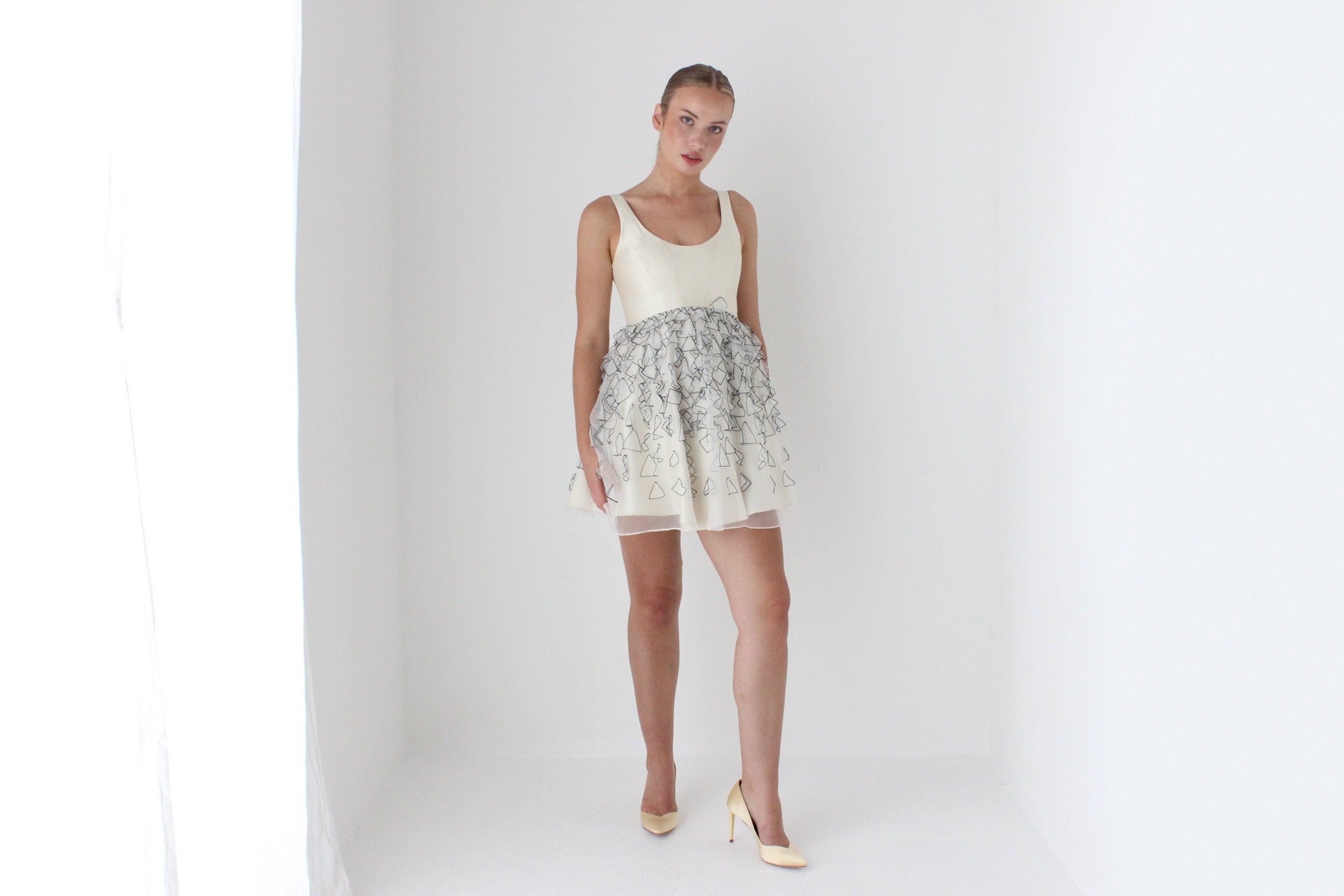 2000s Designer Silk Corset Mini Dress w/ Textured Organza Skirt