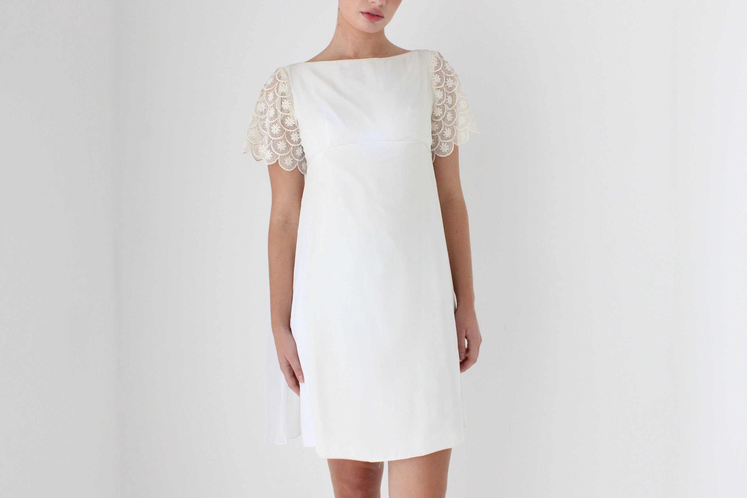 1960s Ivory Crepe Mini w/ Crochet Sleeve & Cape Detail