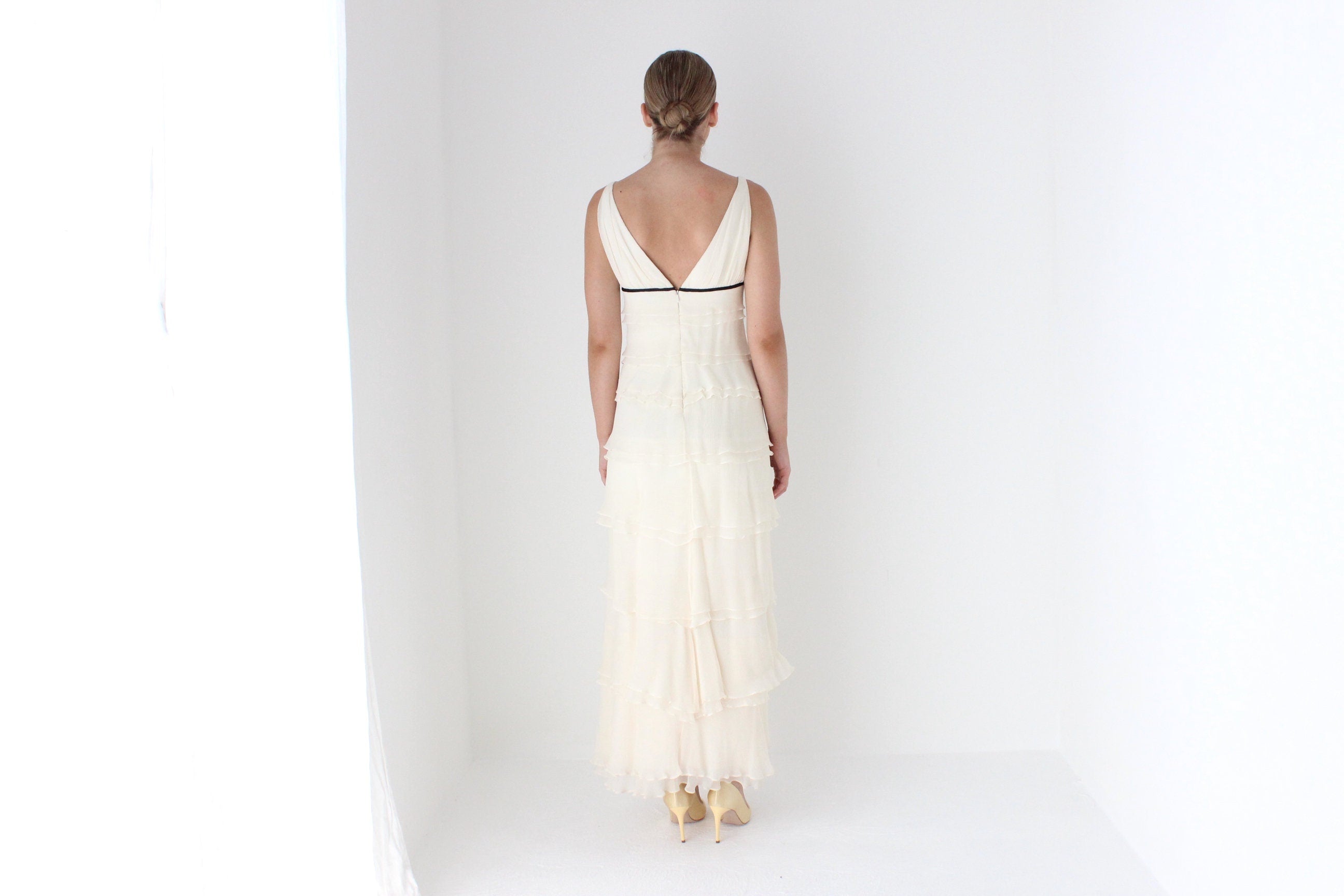 1990s Melinda Eng Romantic Cascading Silk Ruffle Wedding Gown