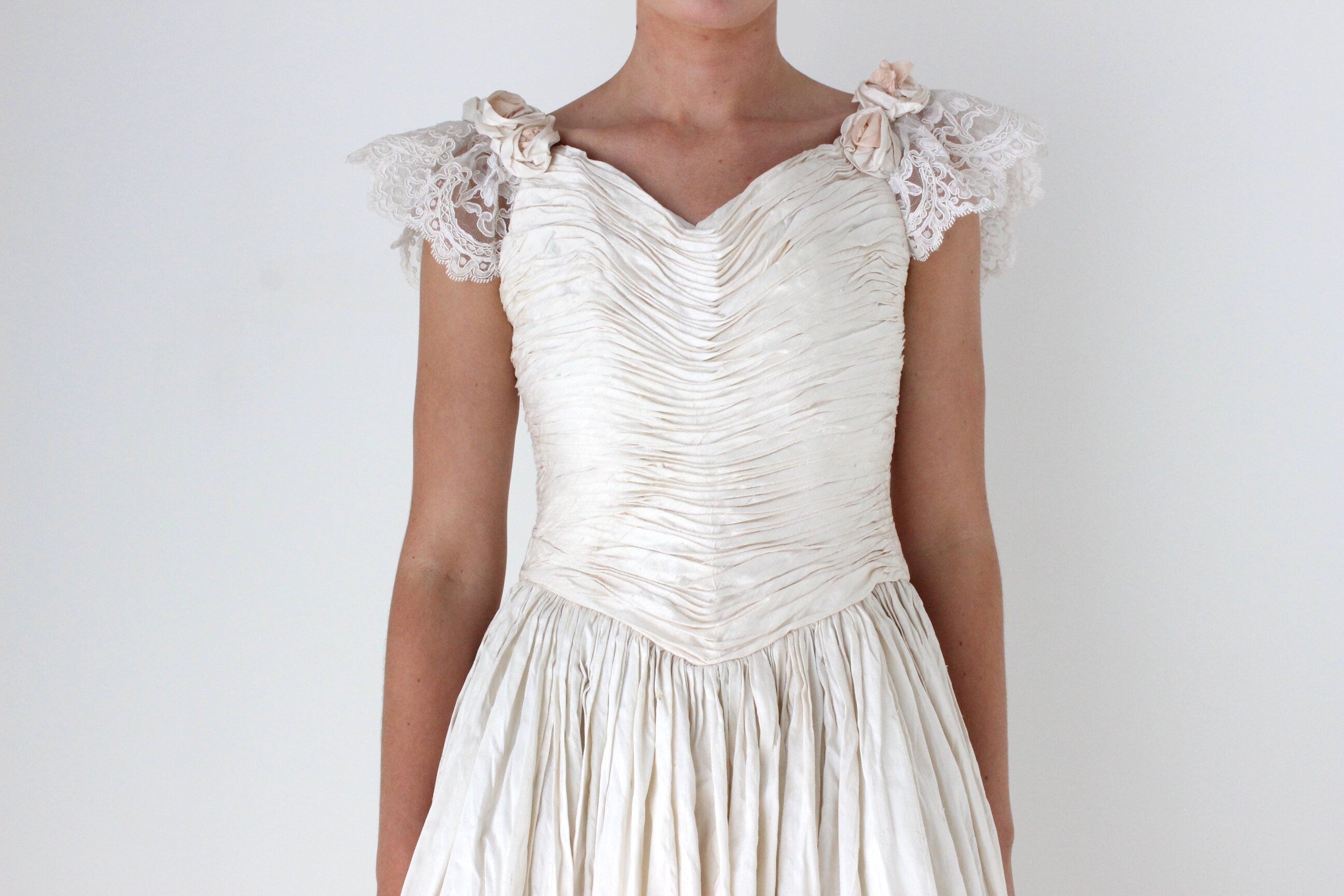 1980s Textural Raw Silk Wedding Gown w/ Rosettes