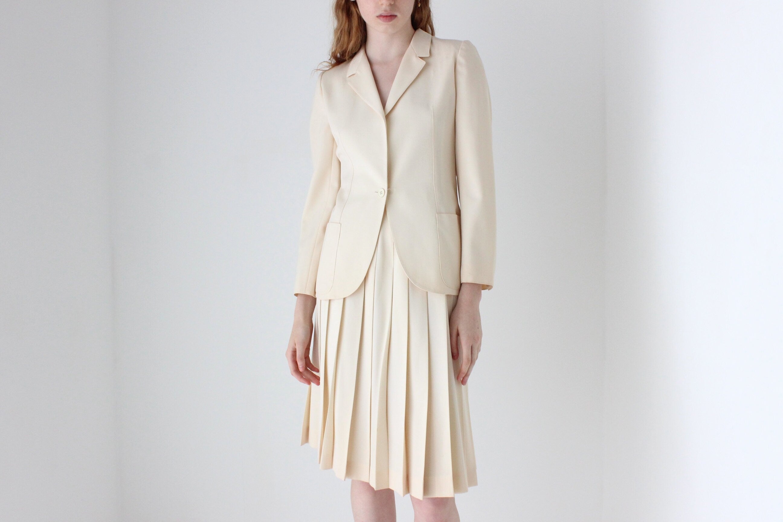 1970s Krizia Italy Cream Wool Two Piece Bridal Skirt Suit