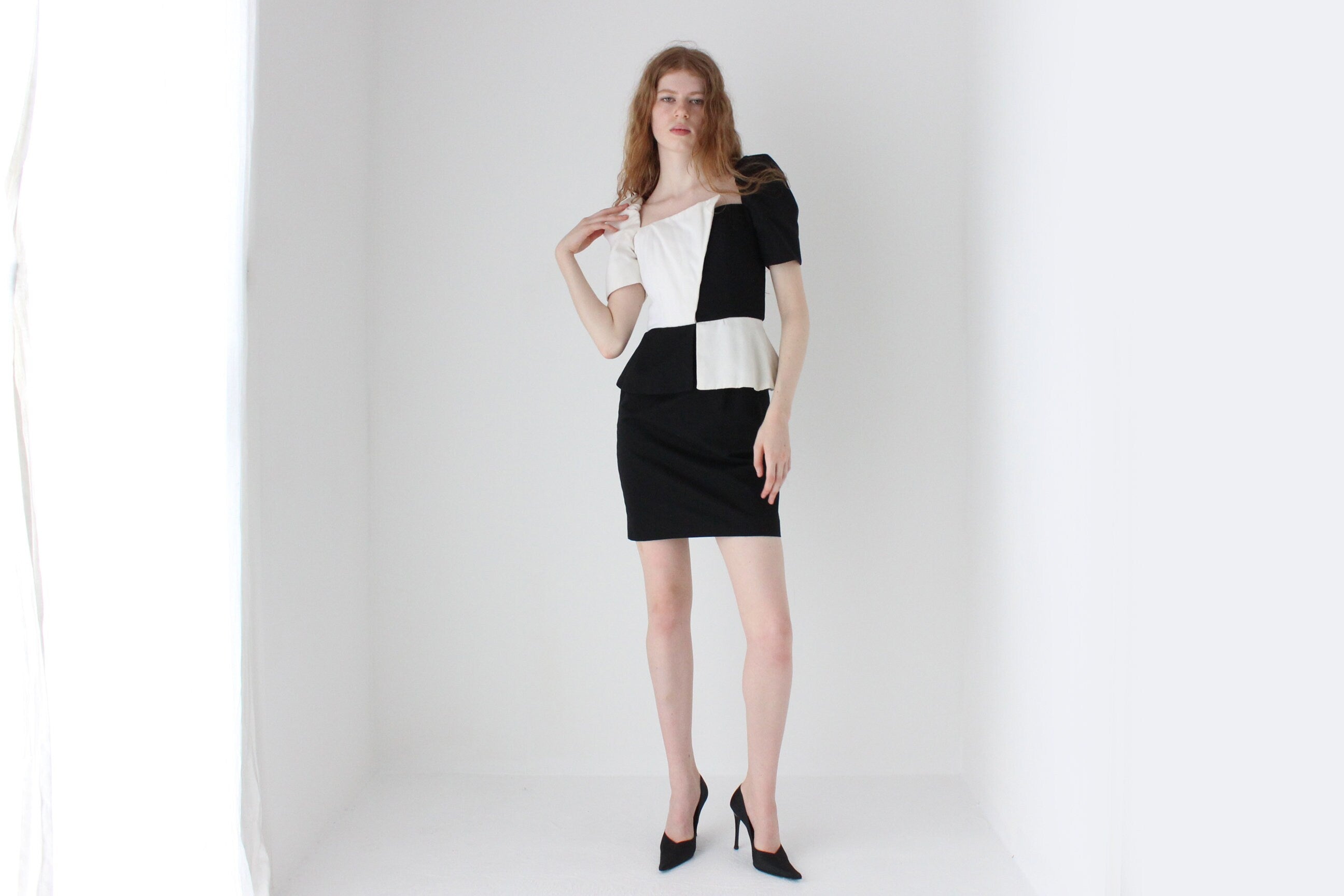 1980s Victor Costa Black & White Contrast Cocktail Dress