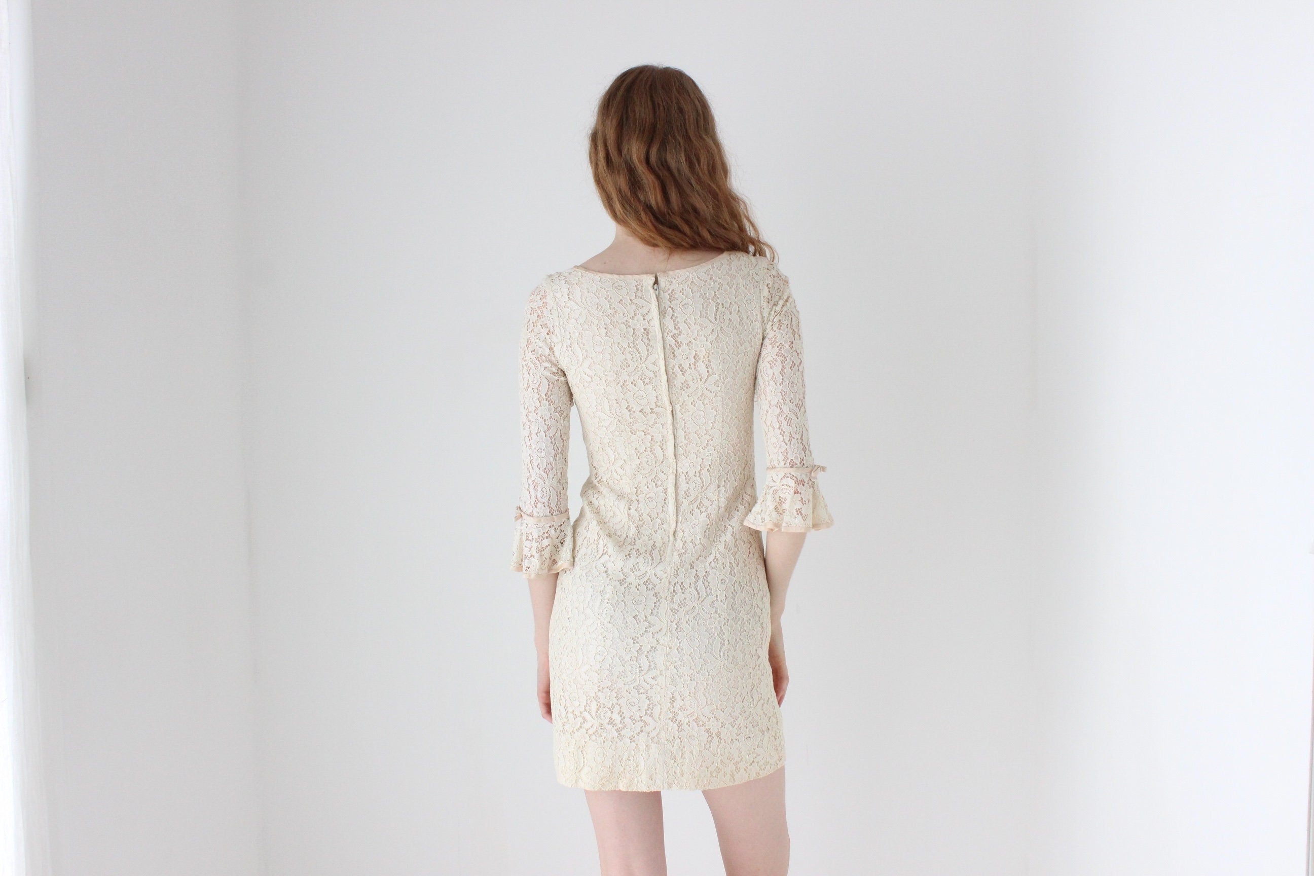 1960s Cream Lace Ruffle Sleeve Mini Wedding Dress