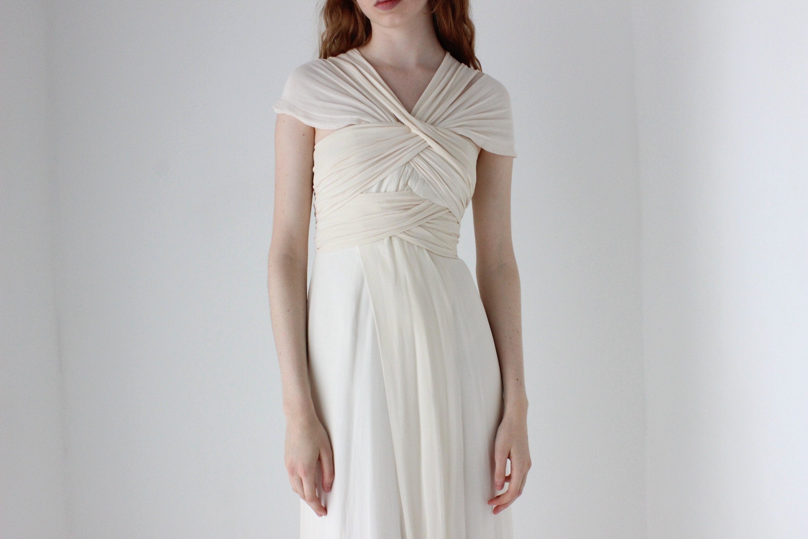1990s Lisa Ho Wrapped Silk Georgette Ivory Wedding Gown