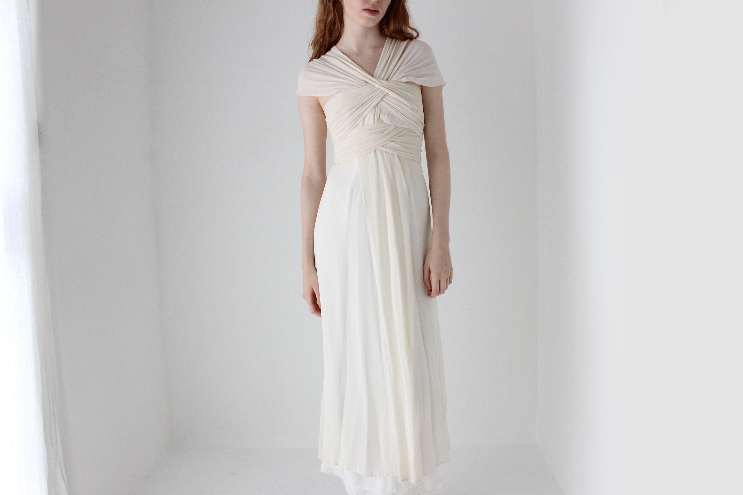 1990s Lisa Ho Wrapped Silk Georgette Ivory Wedding Gown