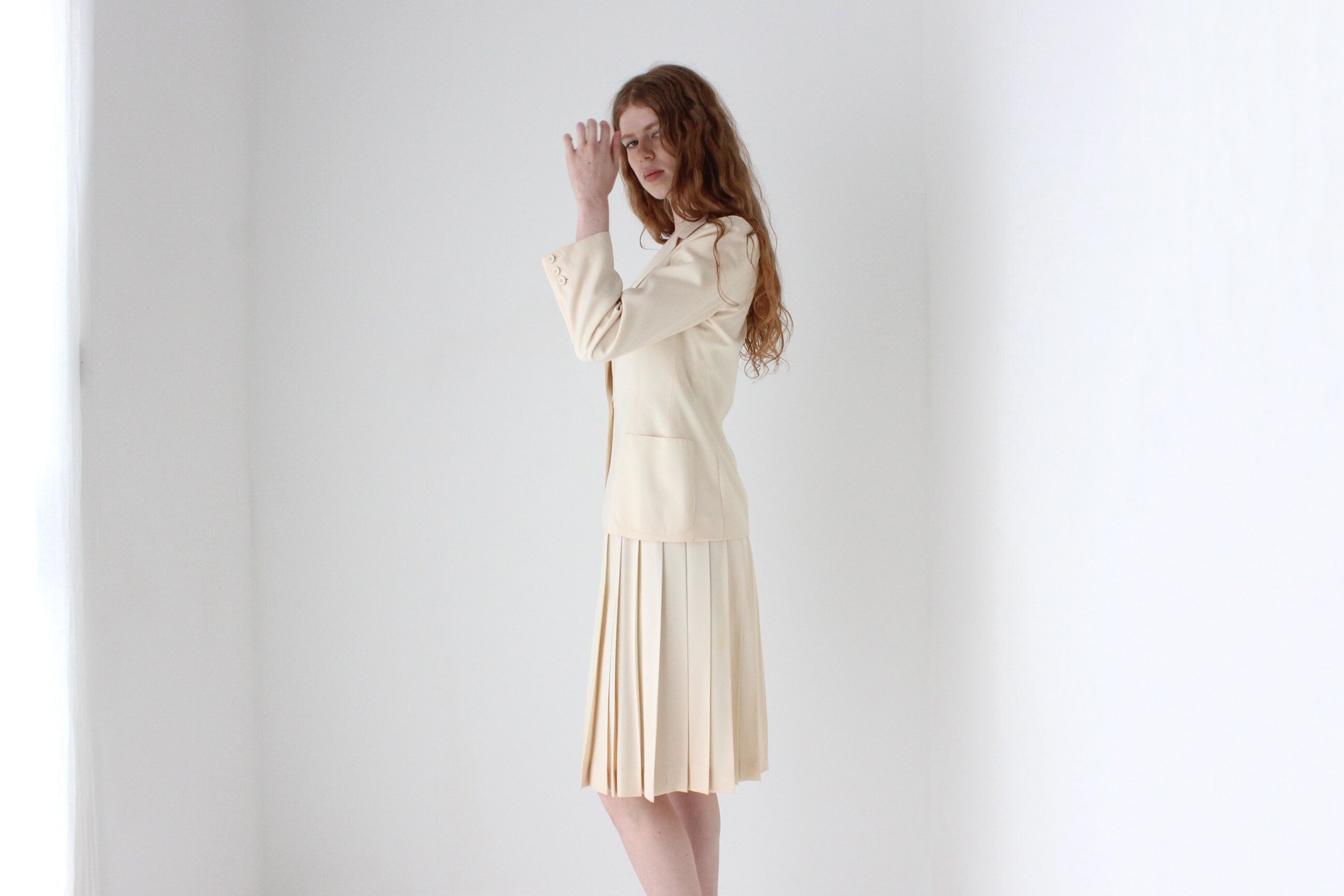1970s Krizia Italy Cream Wool Two Piece Bridal Skirt Suit