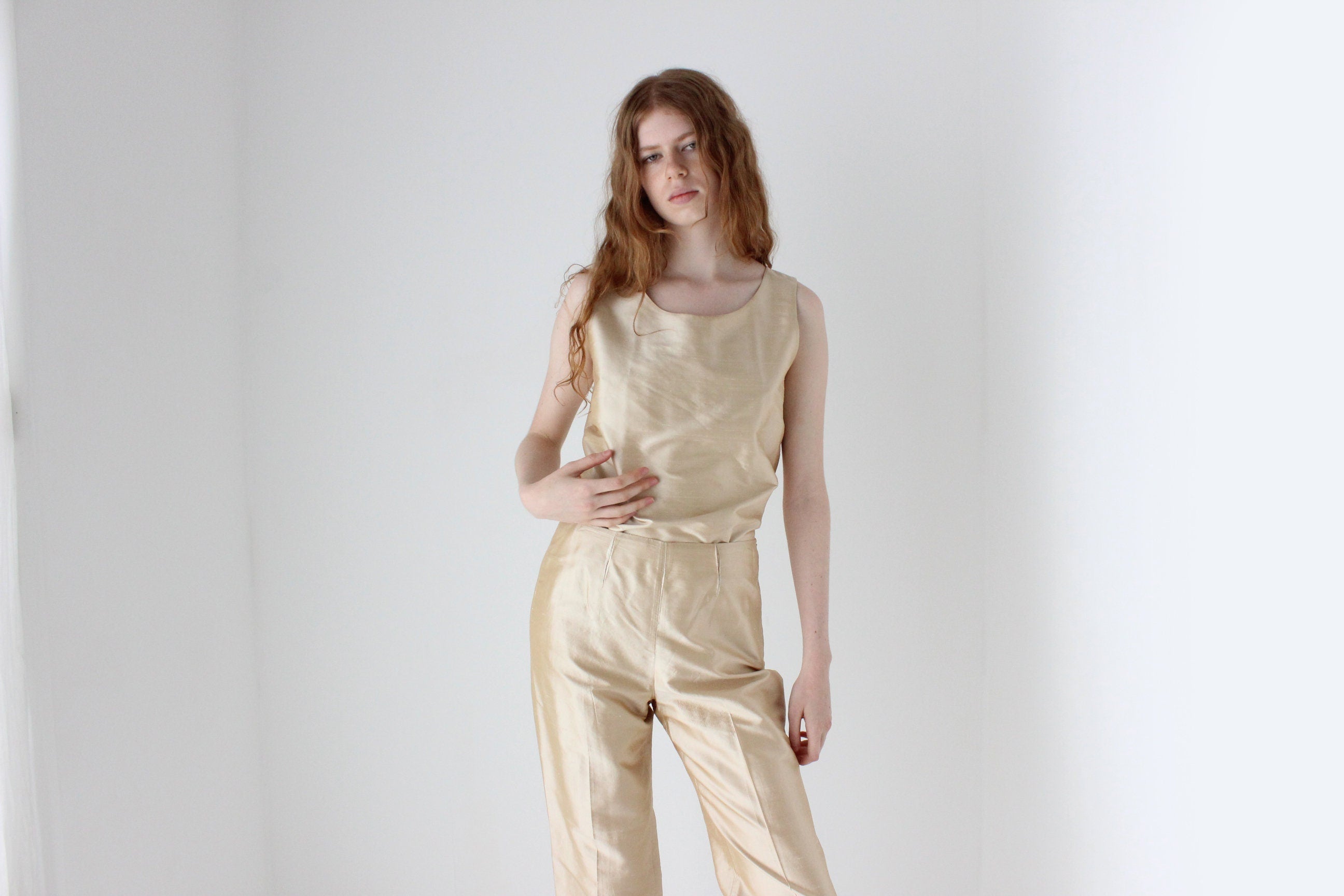 1980s Neiman Marcus Champagne Raw Silk Two Piece Bridal Pant Suit