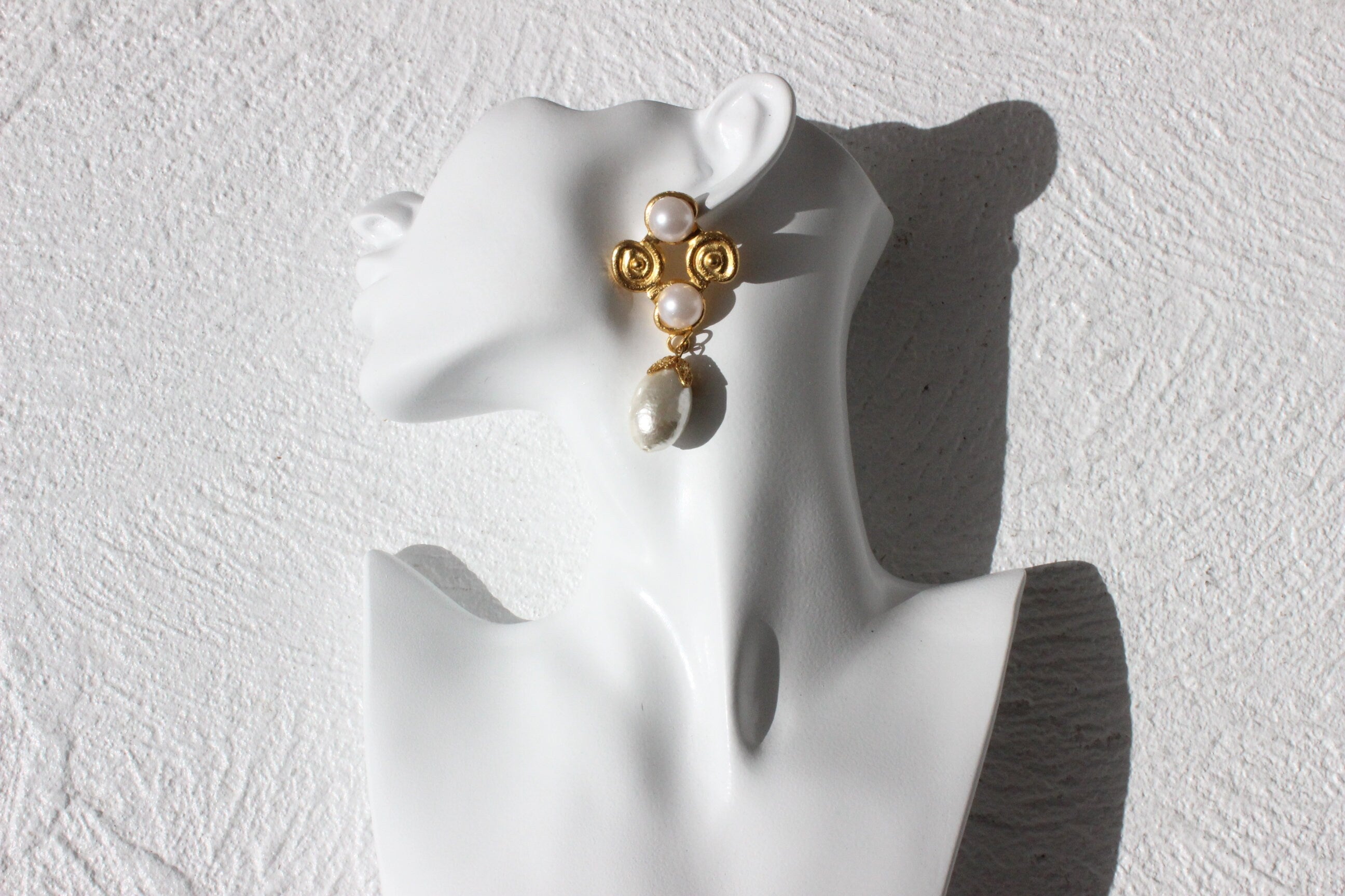 80s Baroque Gold & Pearl Rustic Cross Droplet Earrings