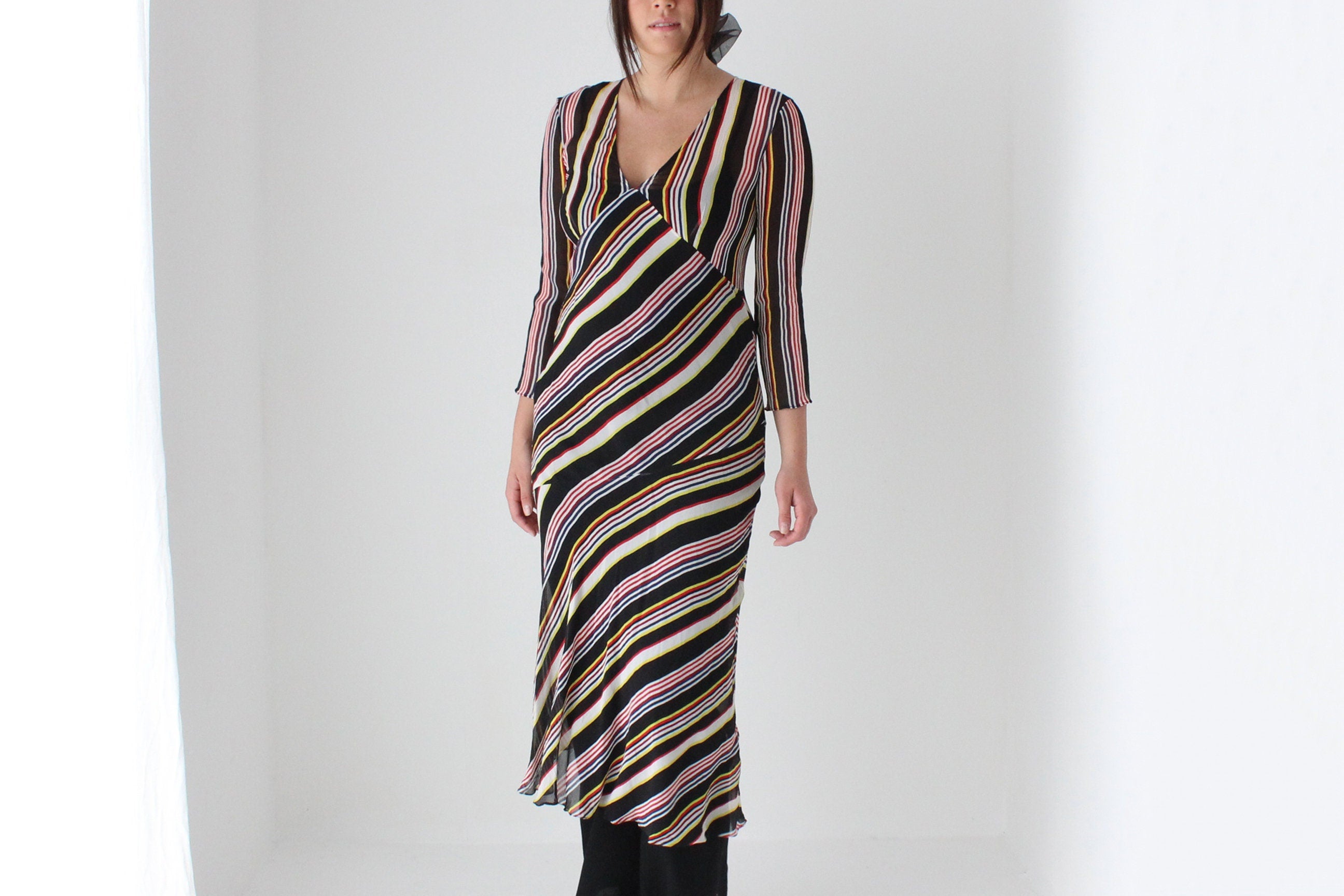 2000s Pure Silk Multi Colour Stripe Bias Long Sleeve Dress