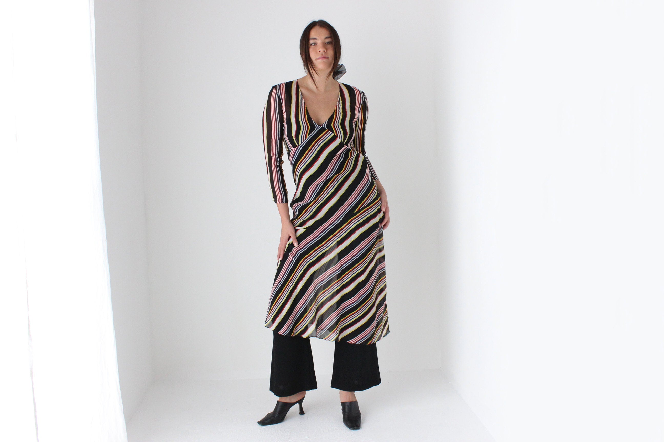 2000s Pure Silk Multi Colour Stripe Bias Long Sleeve Dress