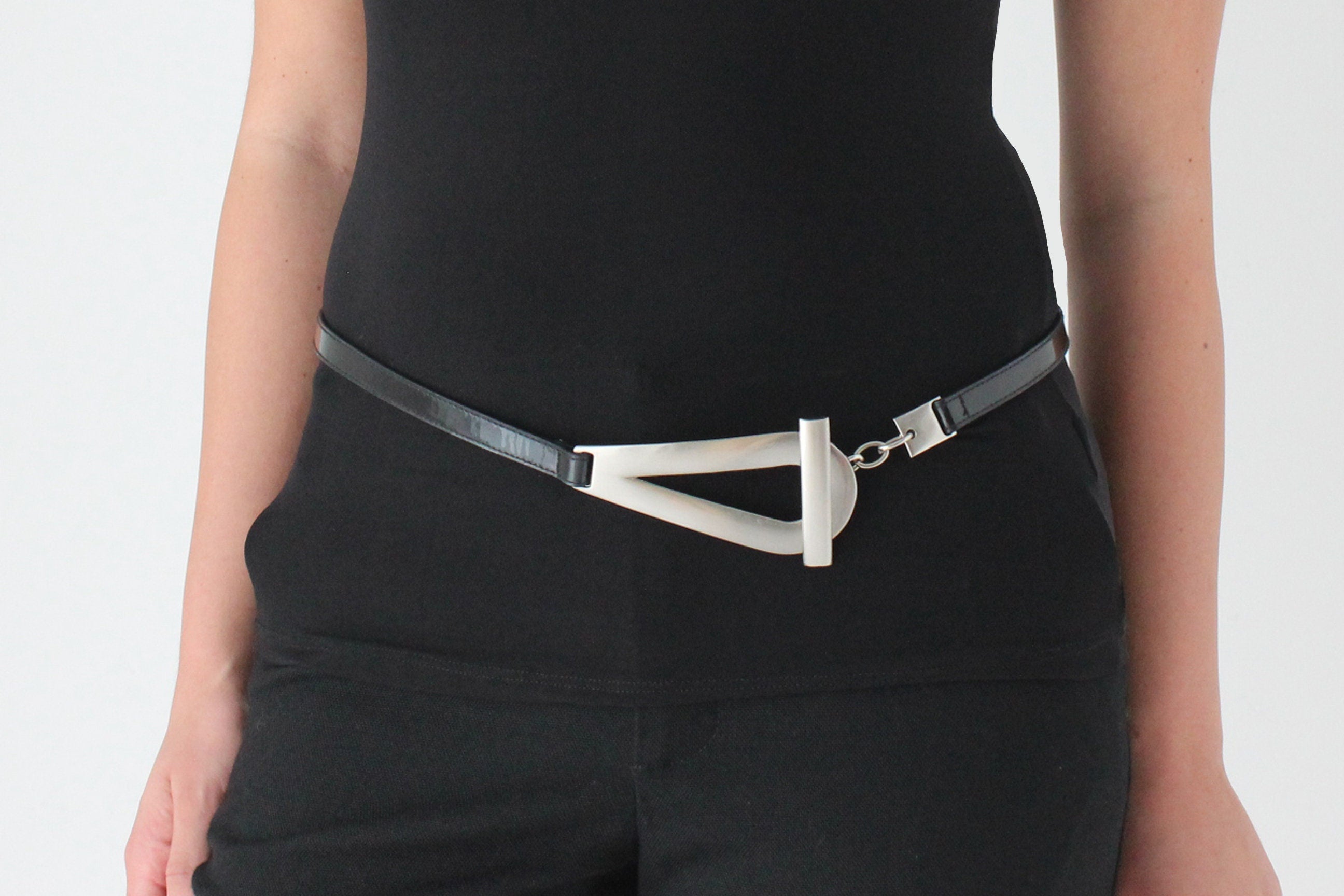 Y2K Futuristic Thin Vinyl Belt w/ Silver Latch Buckle