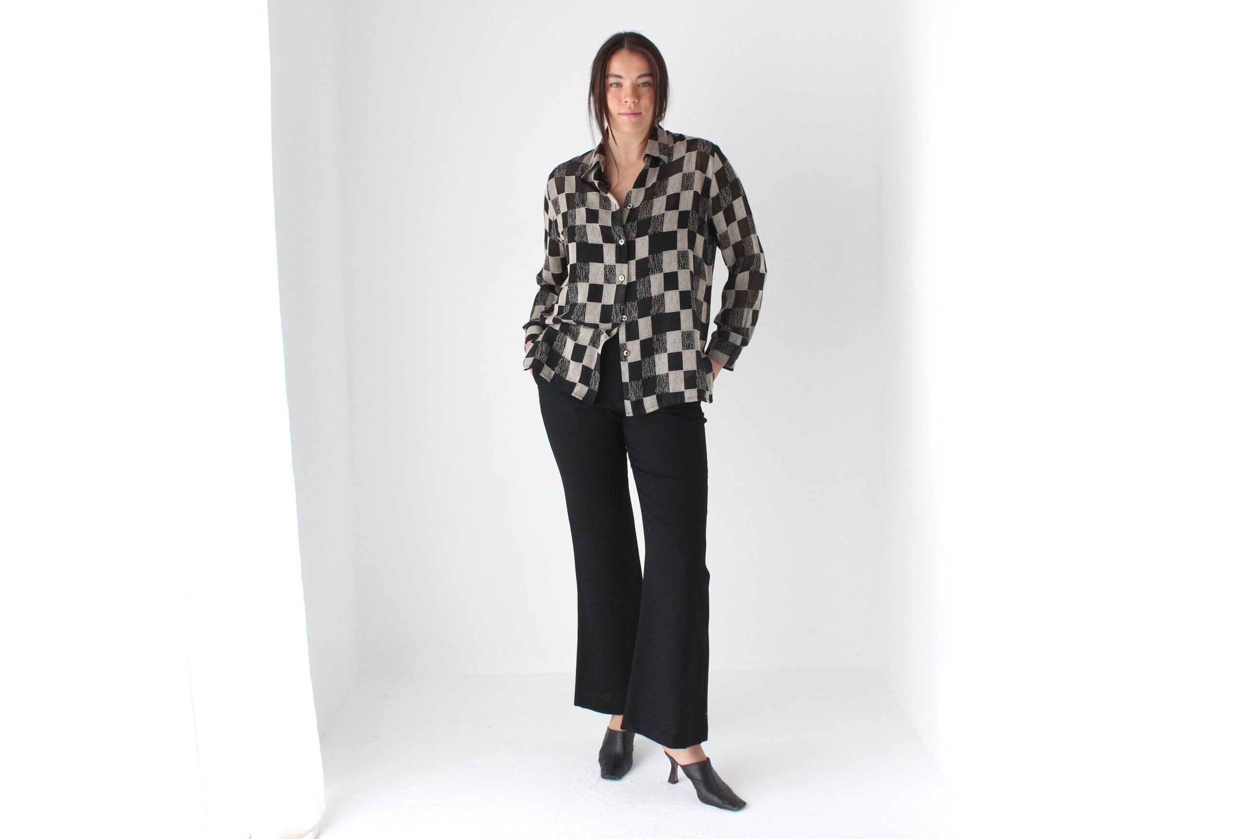 80s Sheer Checkerboard Blouse