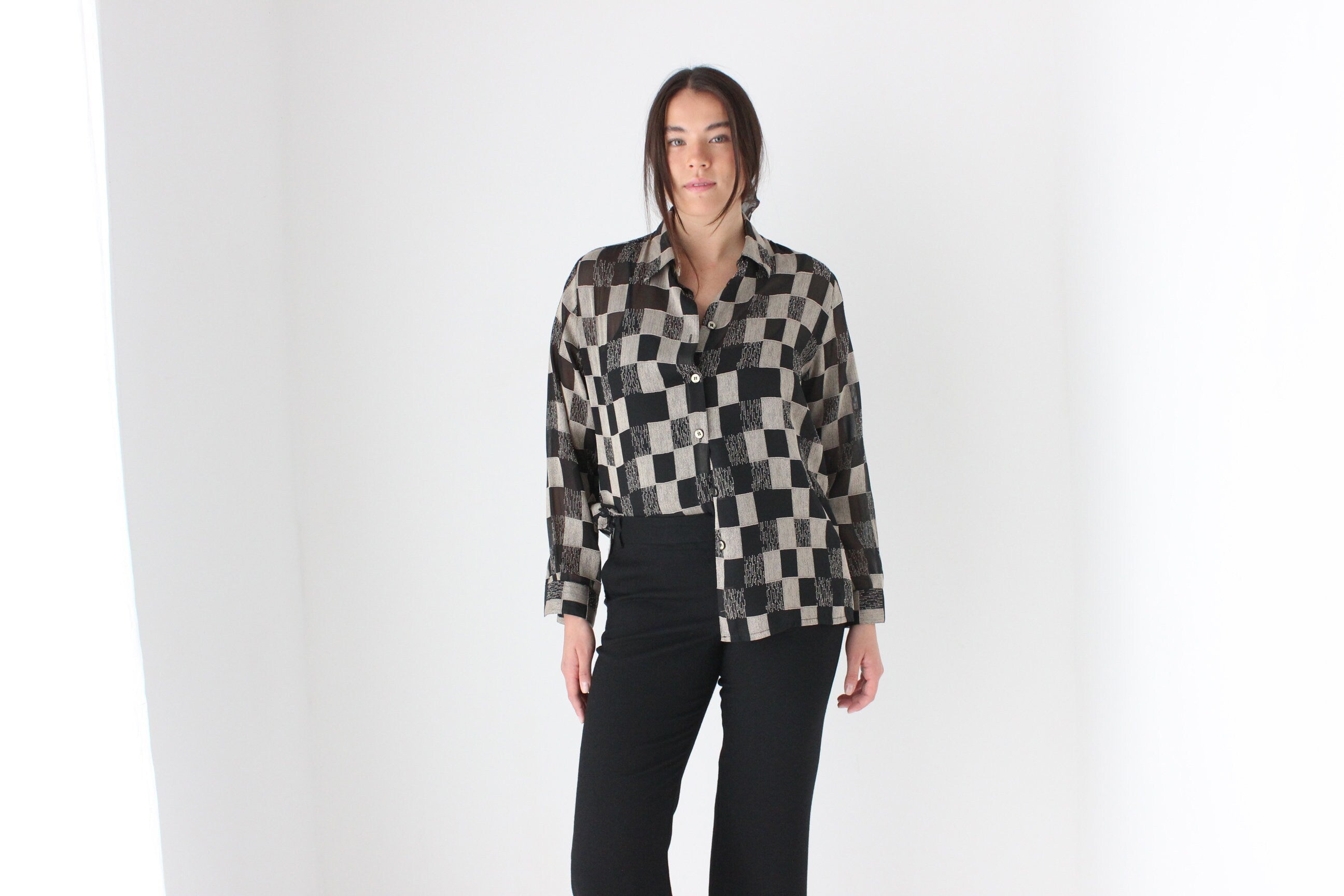 80s Sheer Checkerboard Blouse