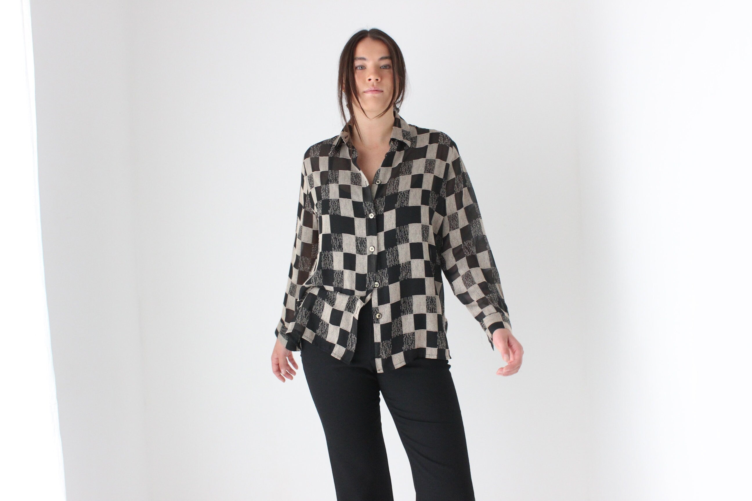 80s Sheer Checkerboard Blouse